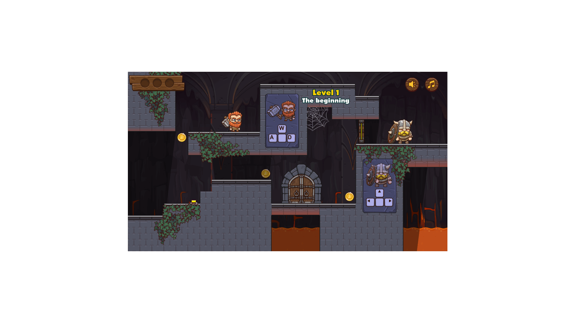Two Viking characters solving a puzzle with buttons and levers in Duo Vikings 3