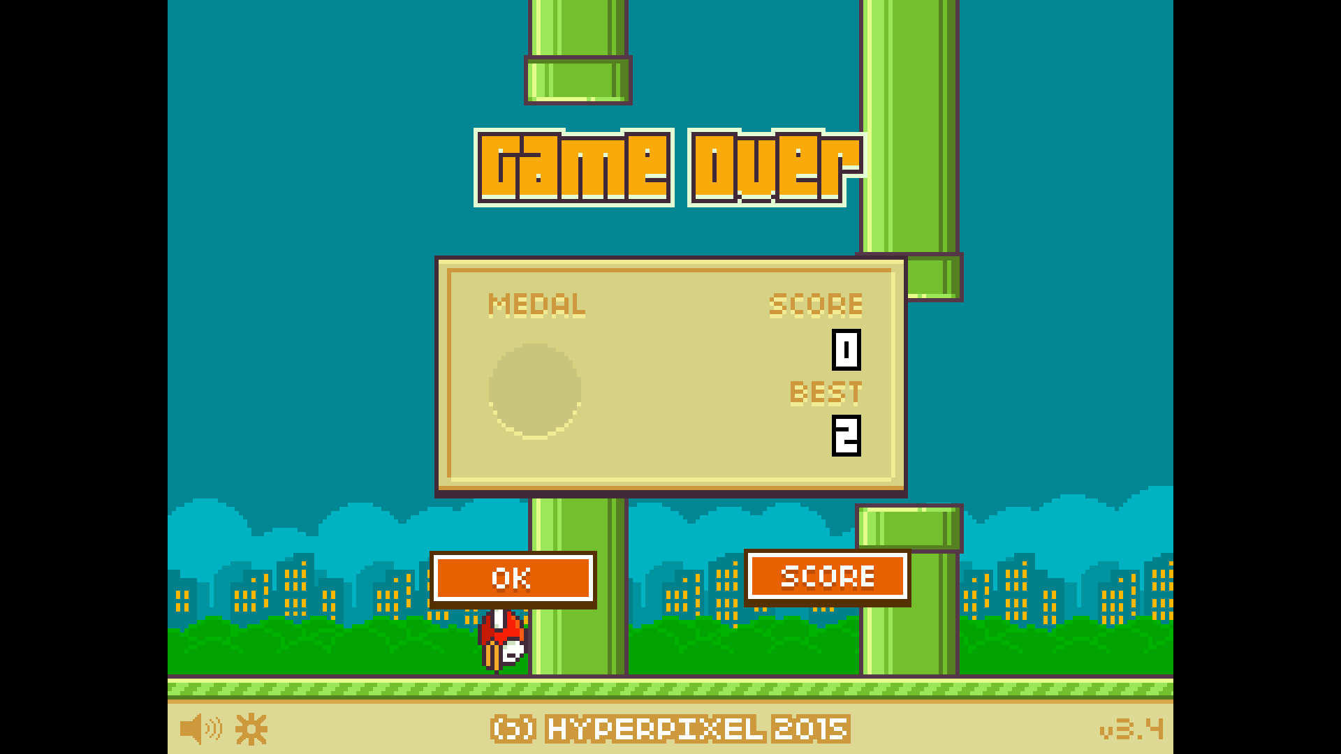 Flappy Bird flying between green pipes in classic arcade gameplay