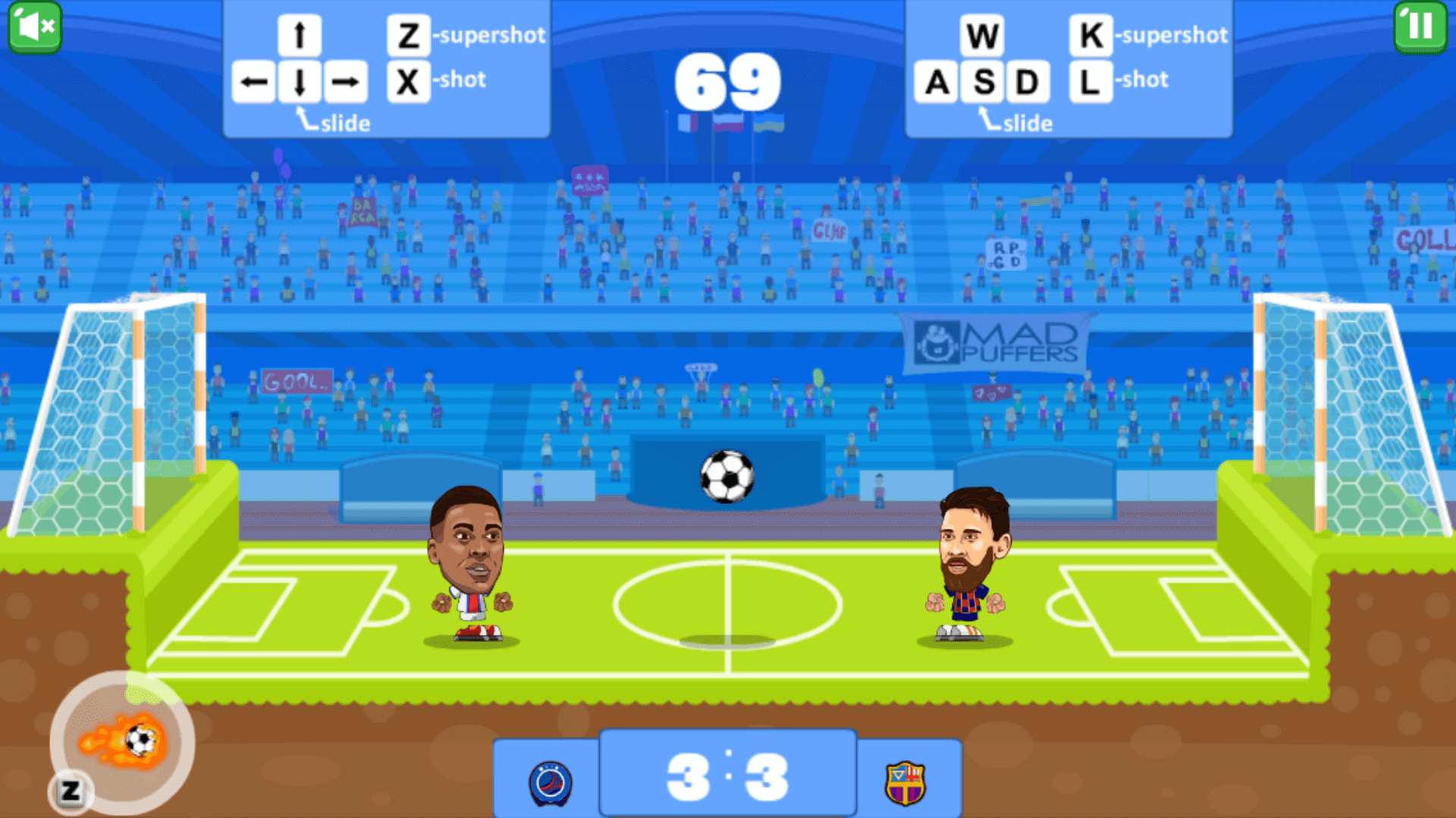 Player using a super shot ability to score a goal in Football Legends