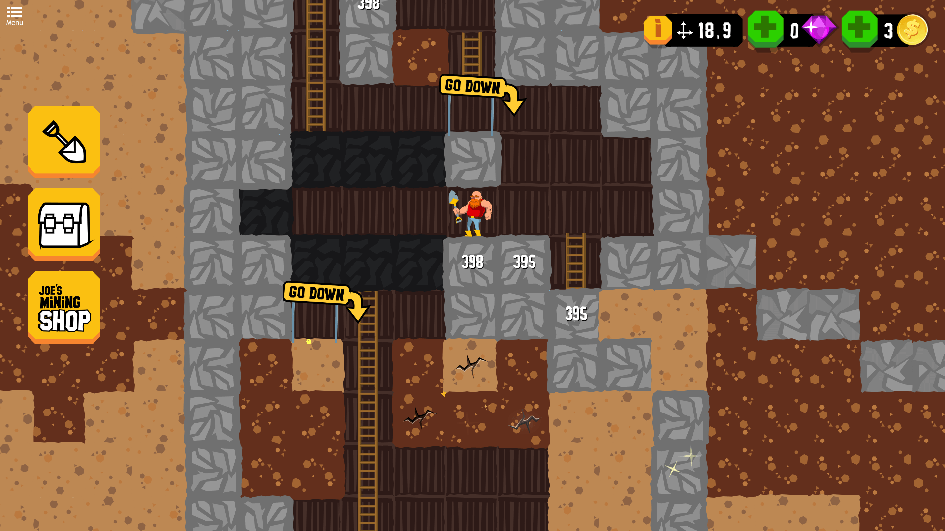 Player avoiding falling rocks and underground traps in Gold Digger FRVR2