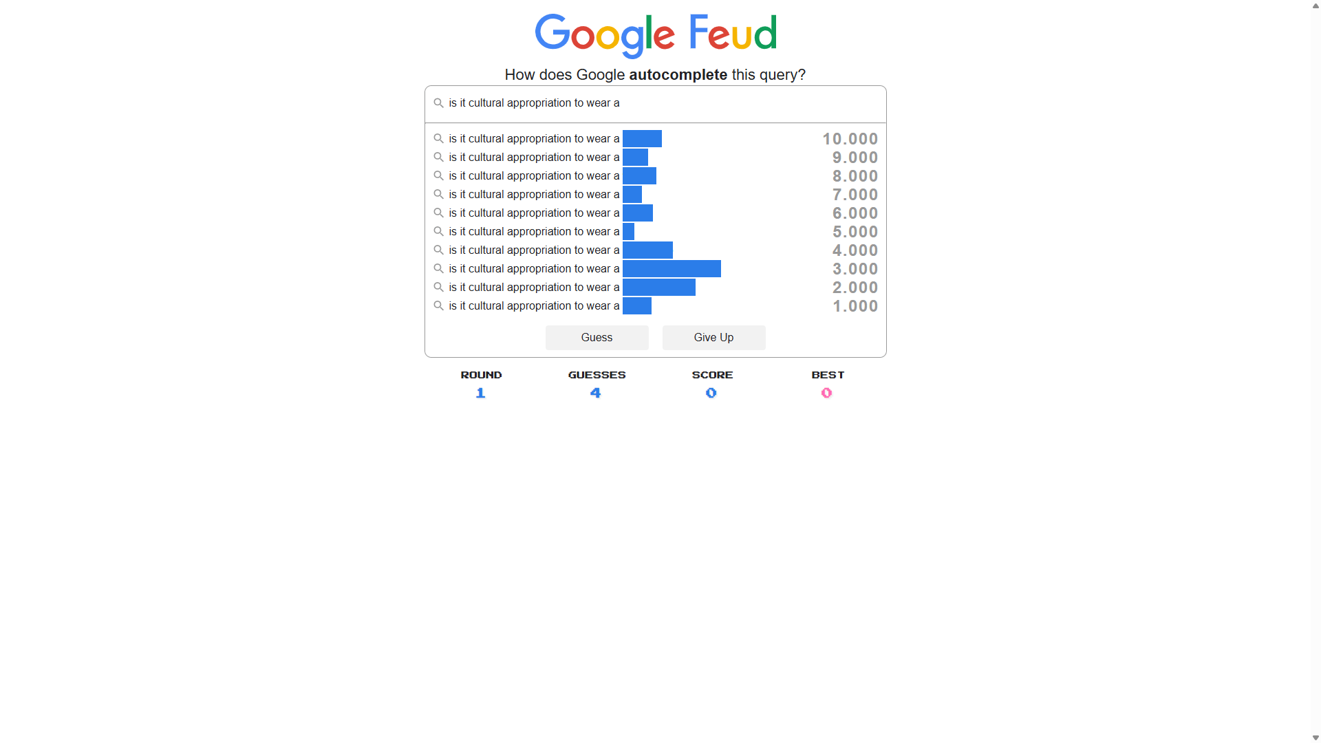 Google Feud game interface showing autocomplete guessing challenge