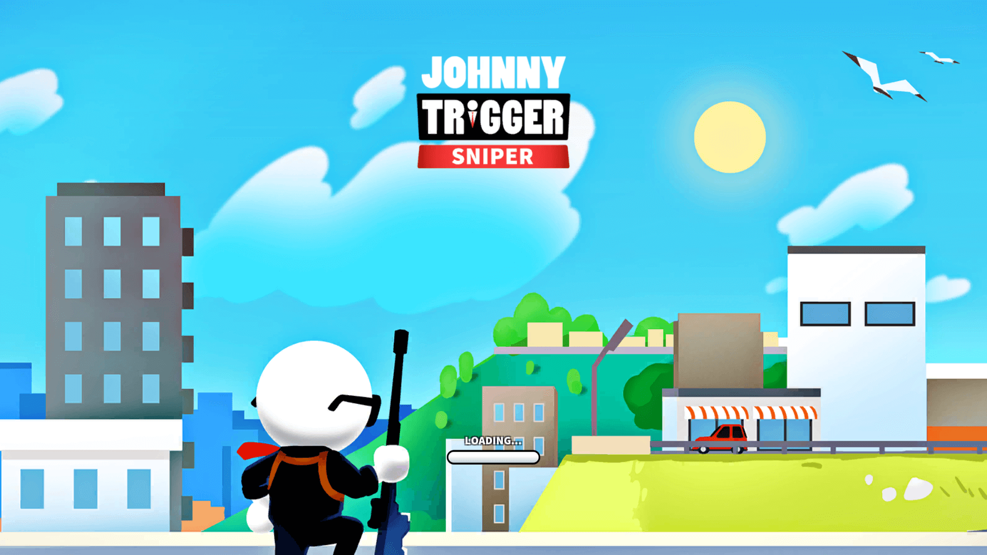 Johnny Trigger aiming with a sniper rifle at enemies on a rooftop during a stealth mission