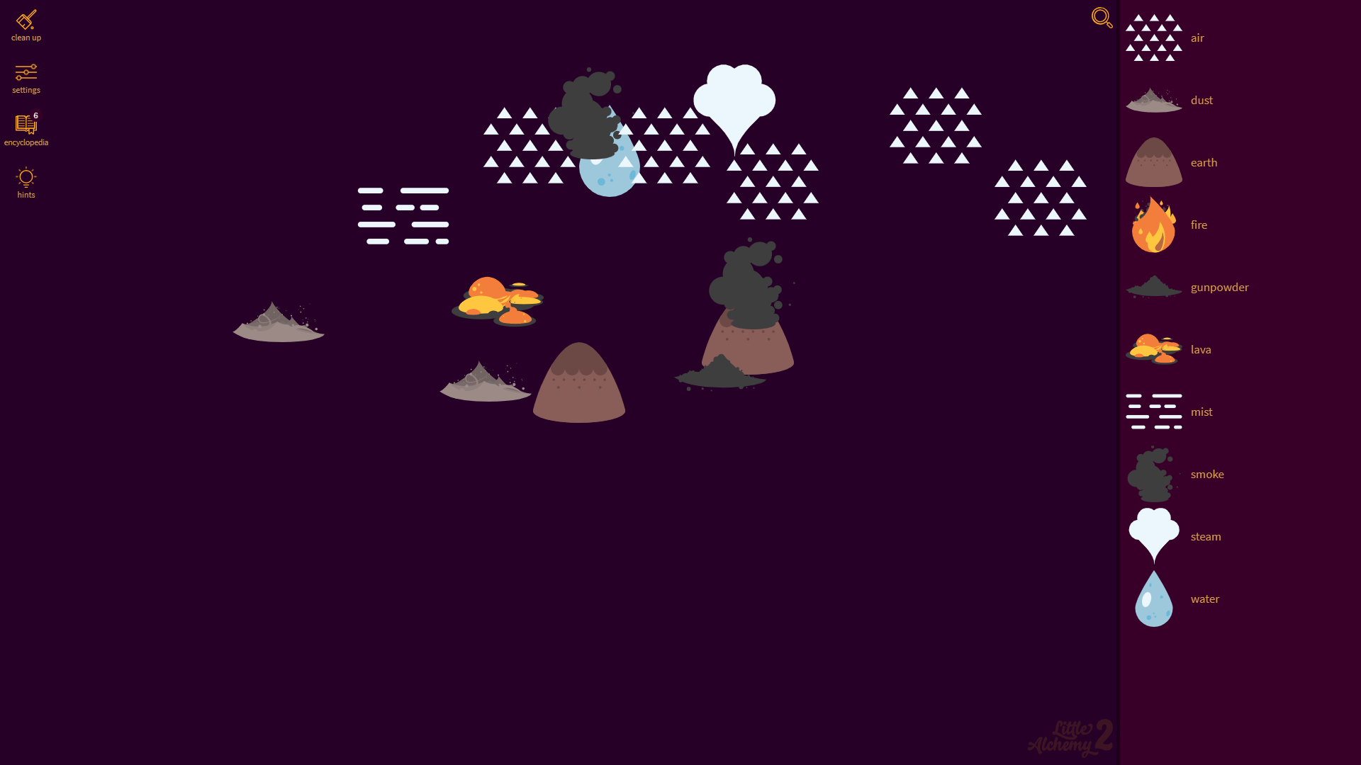 Little Alchemy 2 game board with discovered elements2
