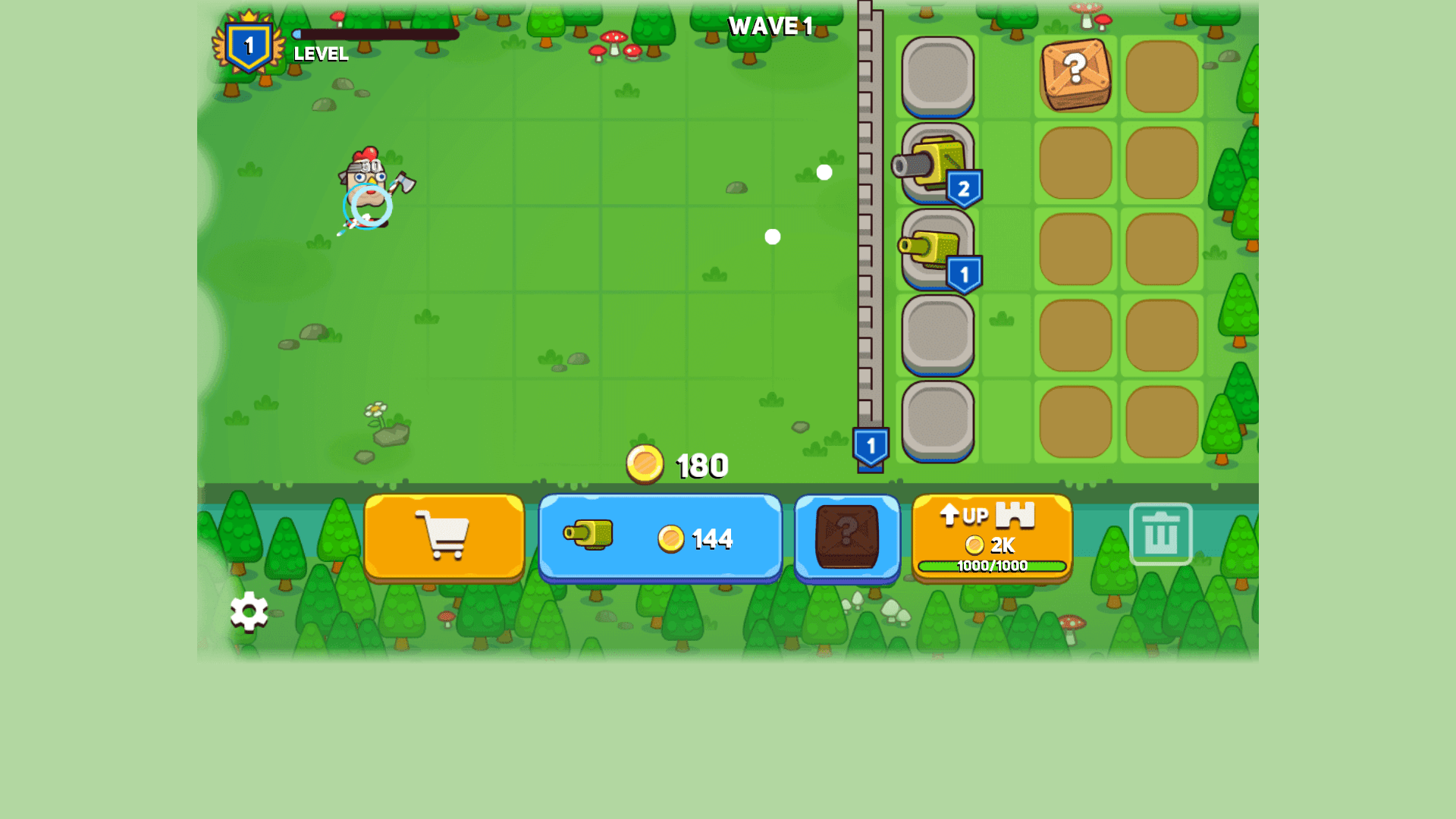 Player merging two cannons to upgrade defense in Merge Cannon: Chicken Defense3