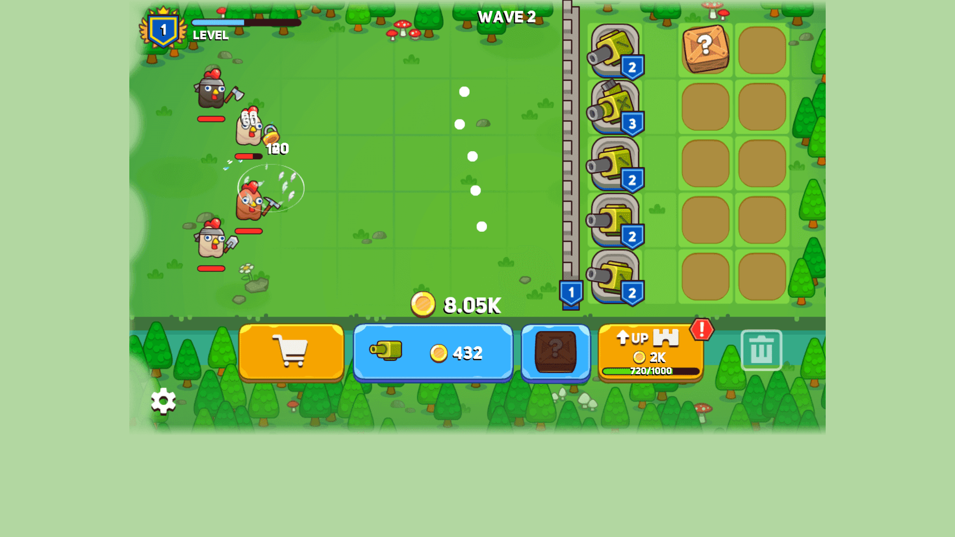 Player merging two cannons to upgrade defense in Merge Cannon: Chicken Defense1