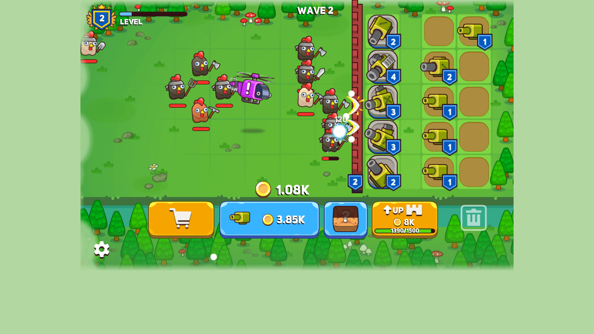 Player merging two cannons to upgrade defense in Merge Cannon: Chicken Defense