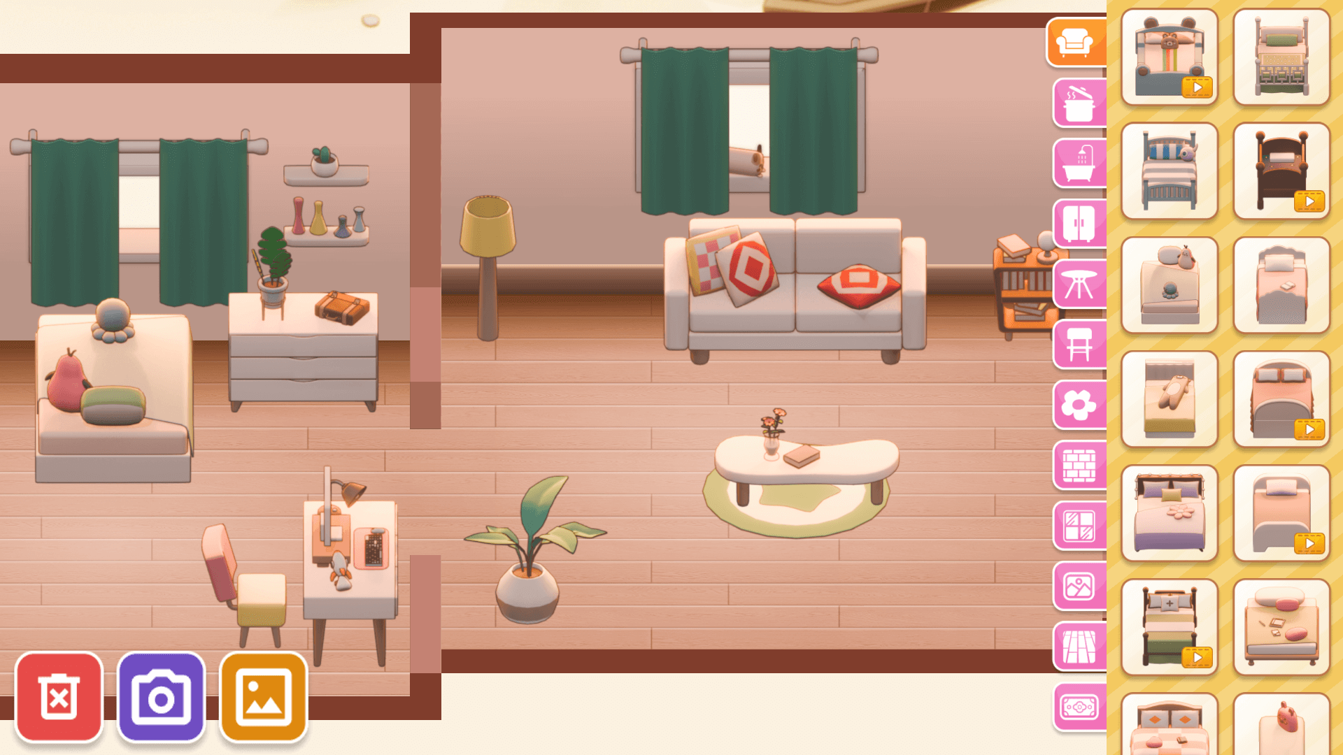My Cozy Home game menu with soft pastel design and room selection buttons