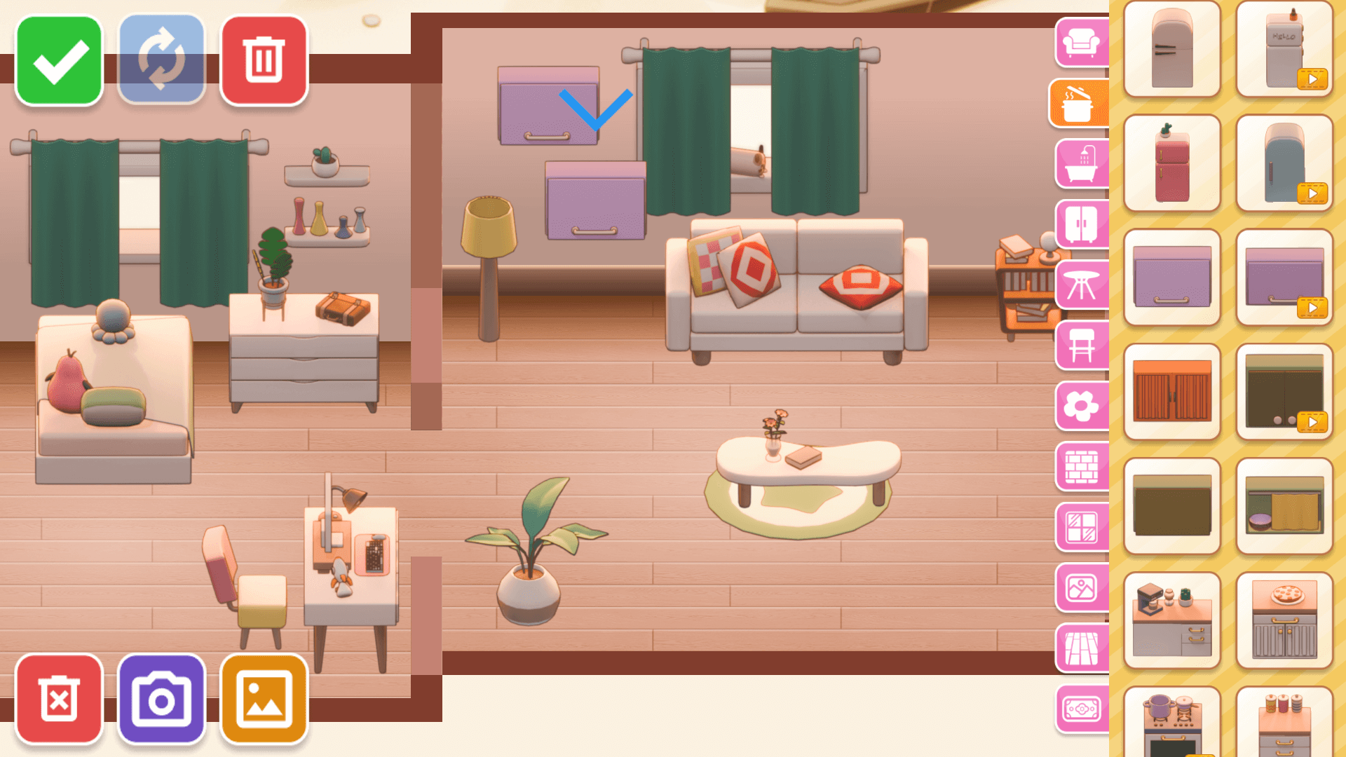 My Cozy Home game menu with soft pastel design and room selection buttons1