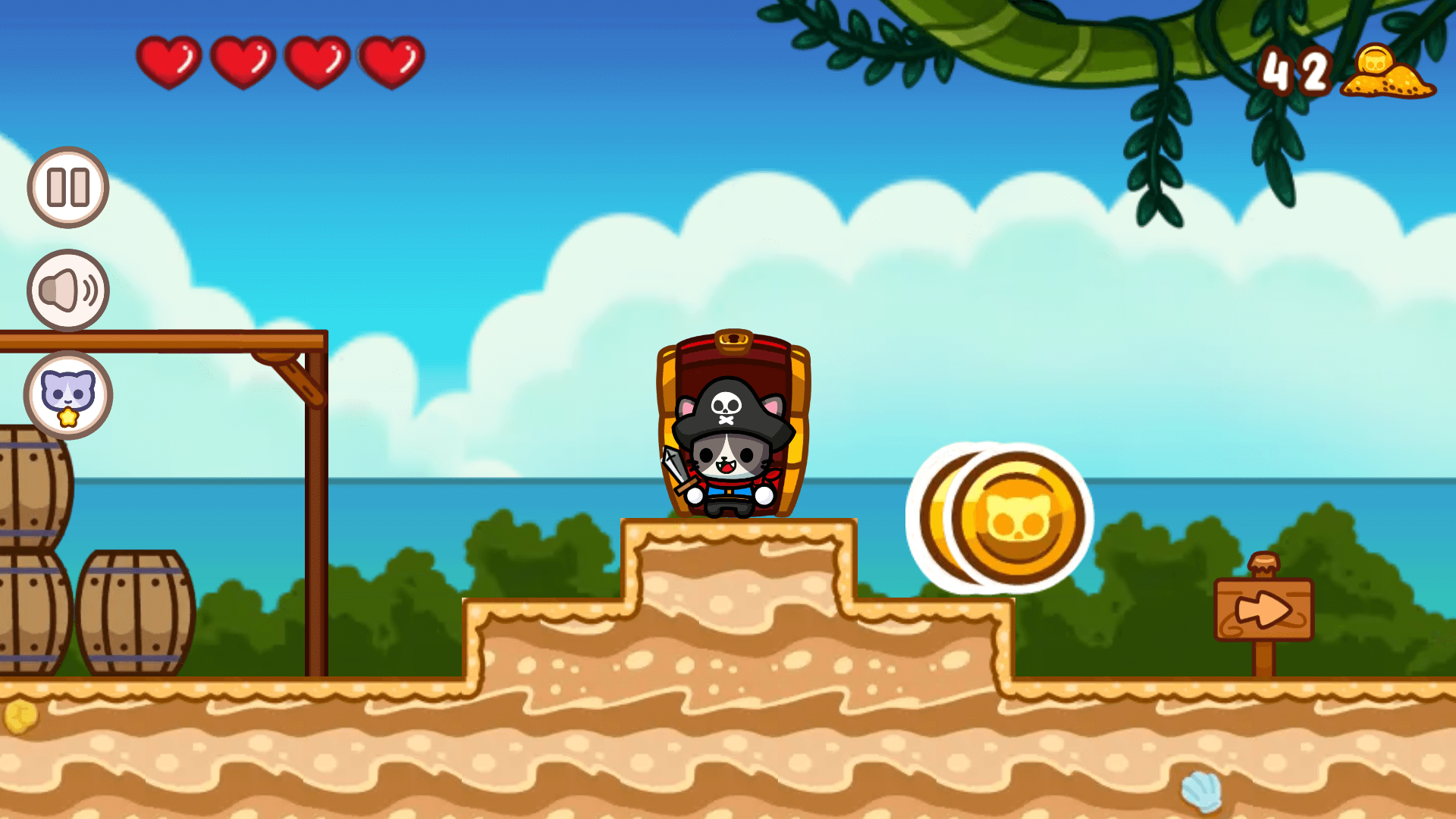 Boss battle scene with a pirate cat fighting a sea monster