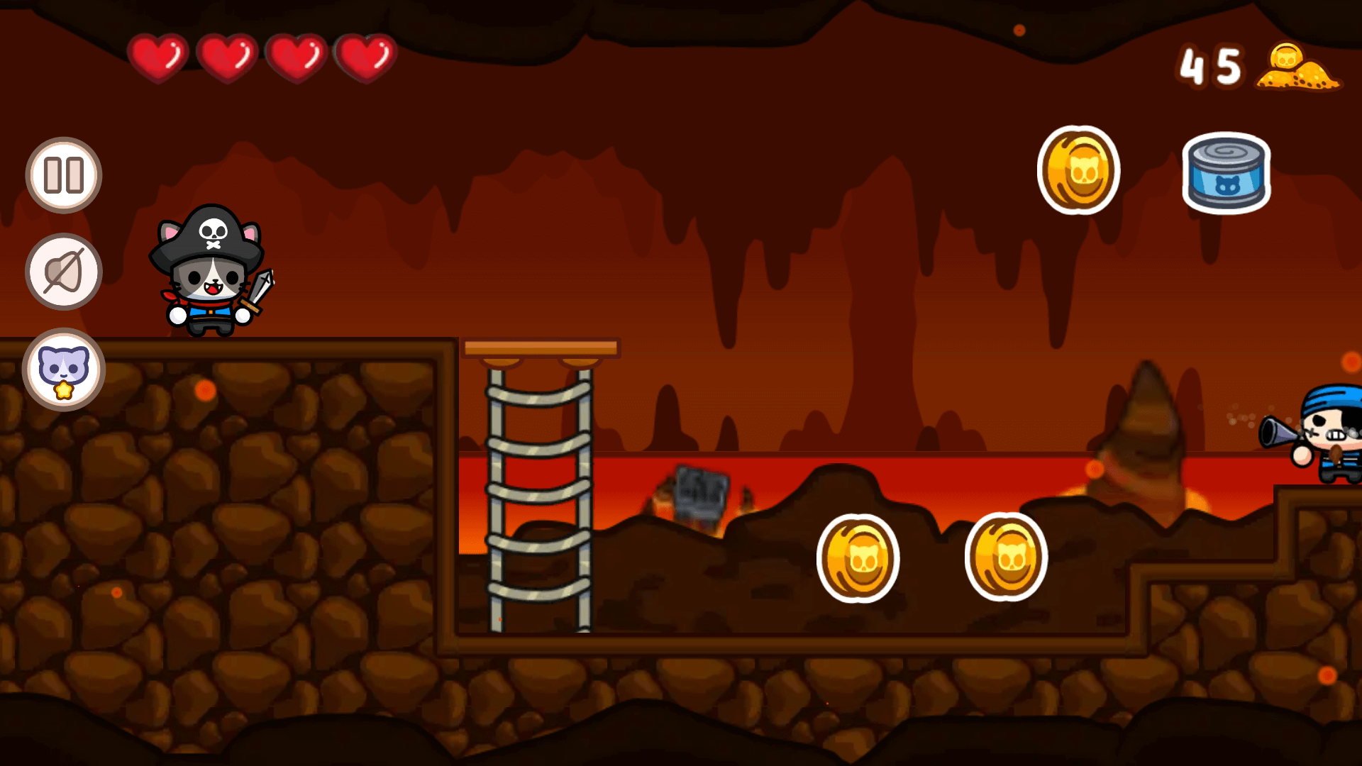 Nekopirate jumping across platforms to collect gold coins