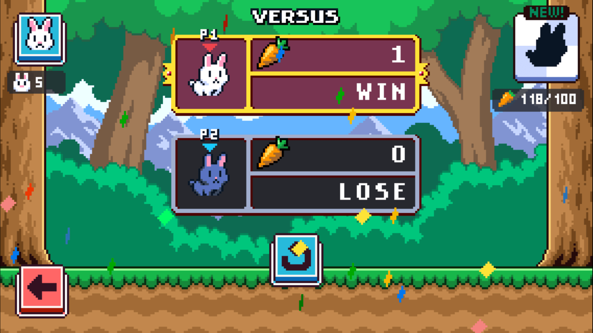 Poor Bunny arcade game start screen featuring a cute bunny and colorful pixel art background