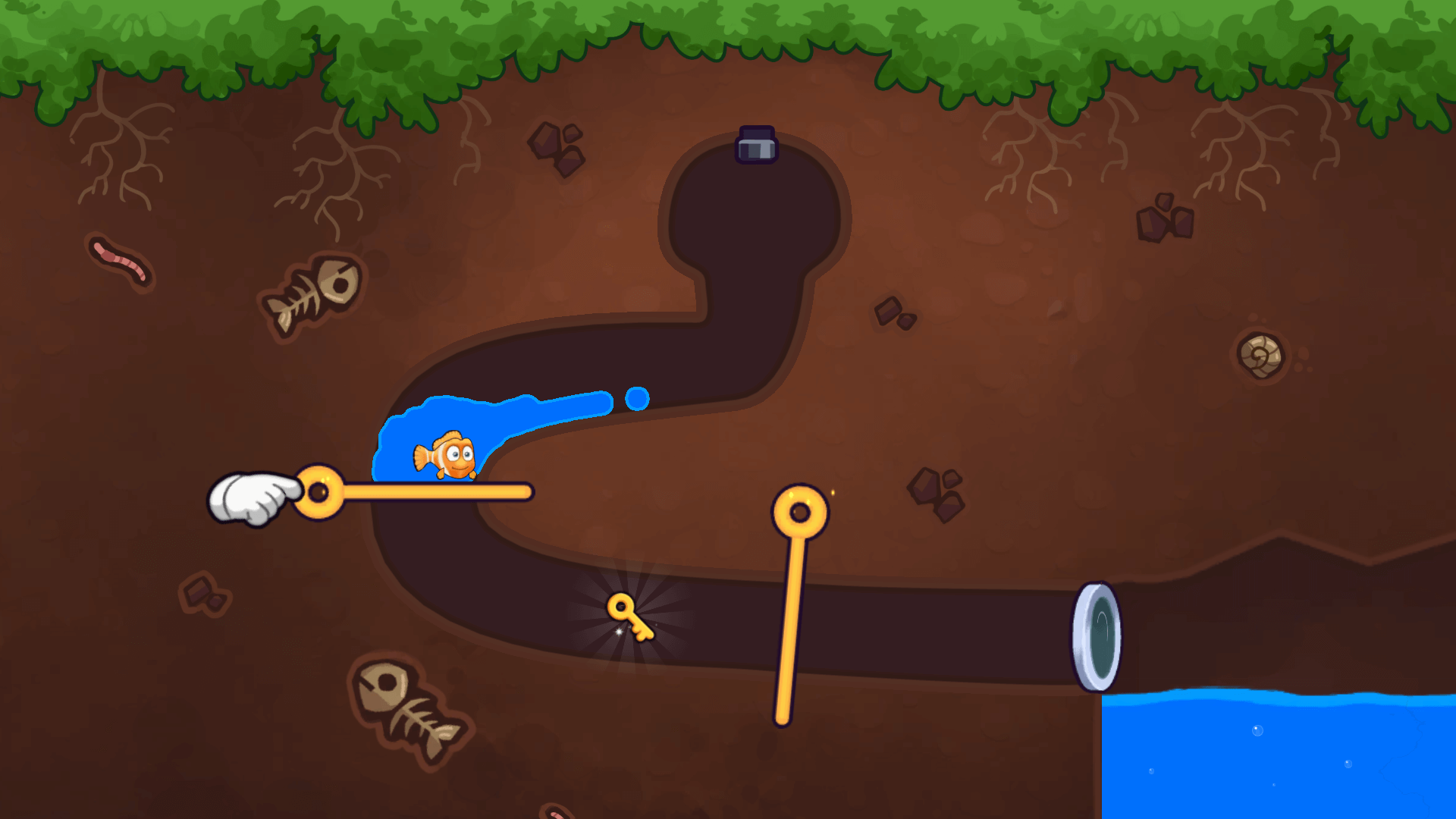 Correct pin pulled to save the fish in a logic puzzle game