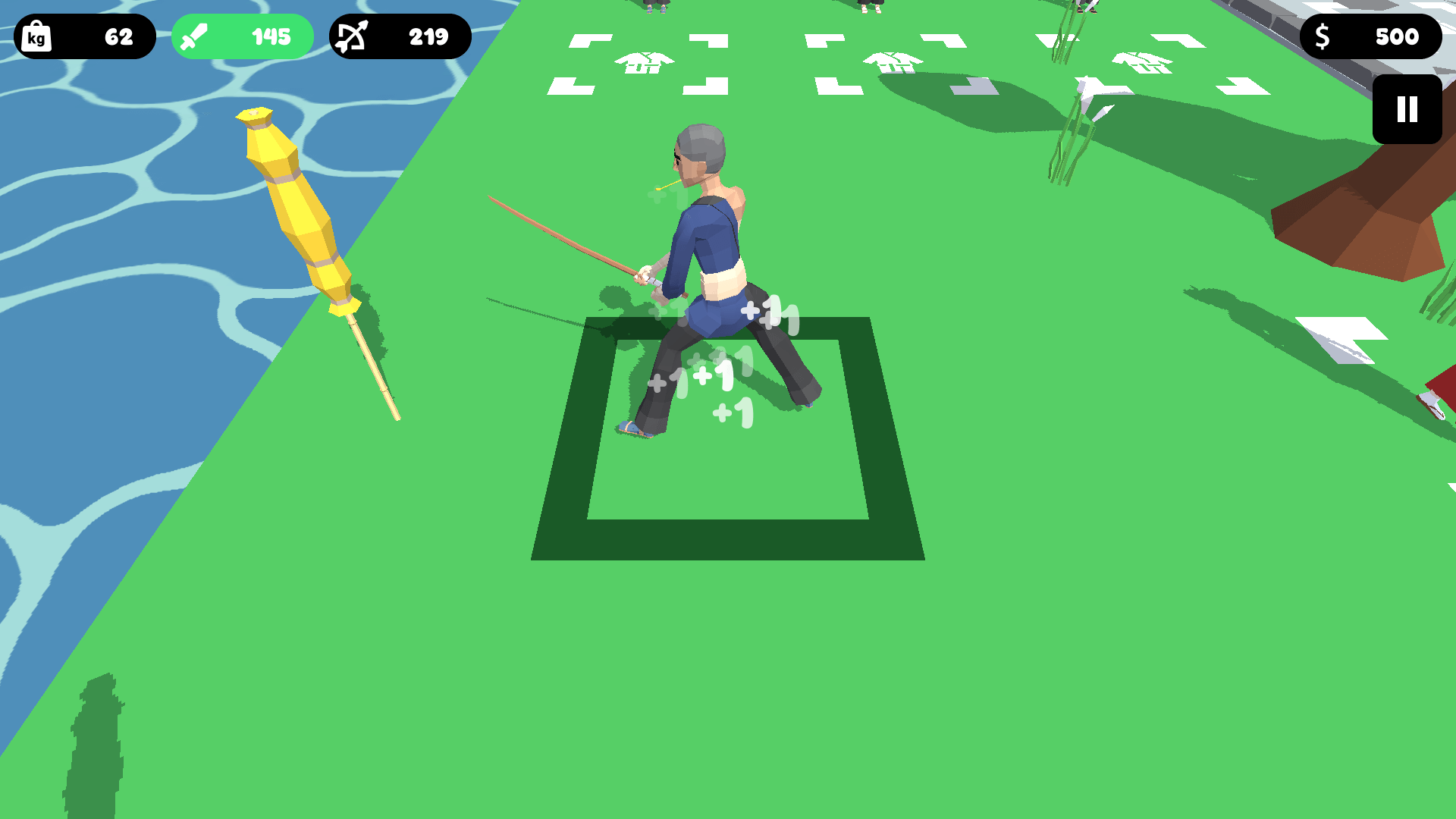 Samurai character lifting weights in a dojo to build strength in Samurai Punch