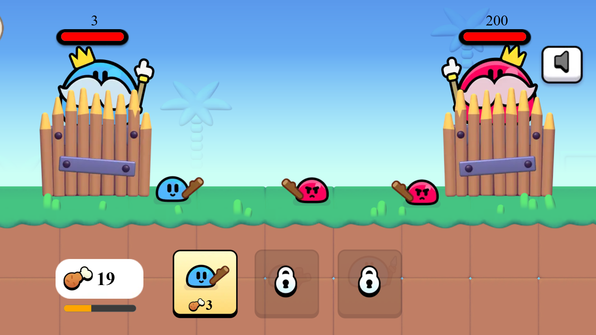 Slime War game interface showing Blue and Red slimes battling in the center2