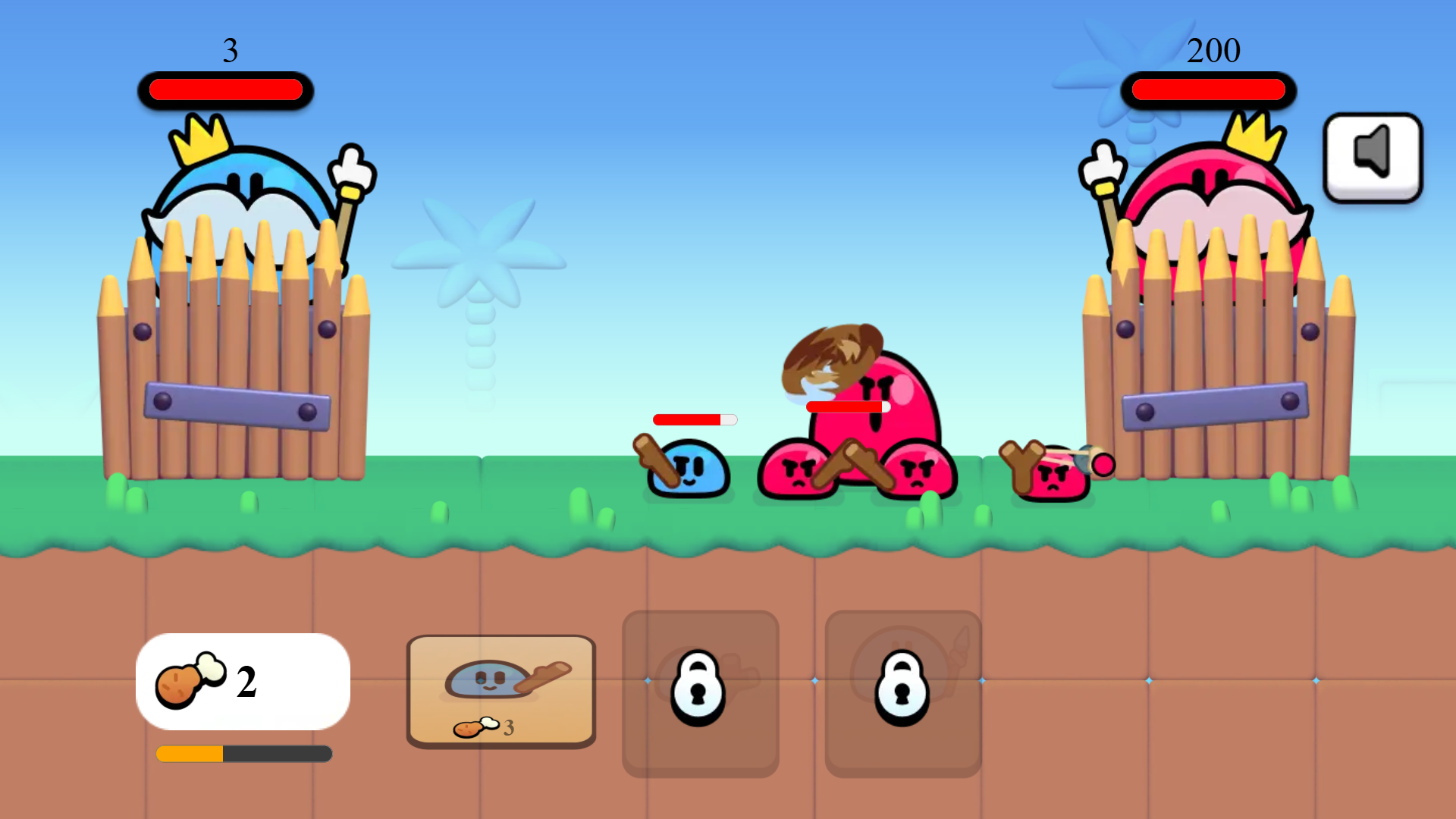 Slime War game interface showing Blue and Red slimes battling in the center3