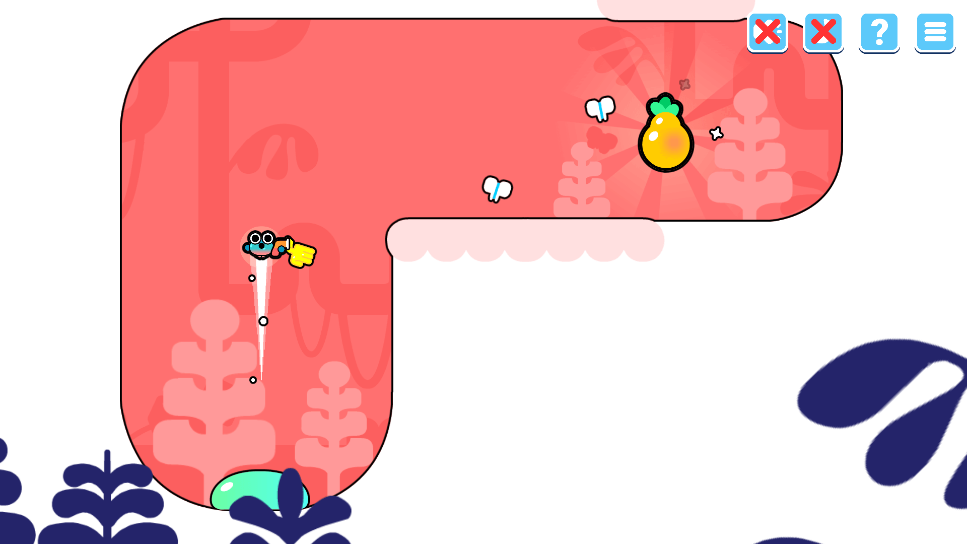 Player grabbing a wall and launching upward to avoid spikes in Swingo1