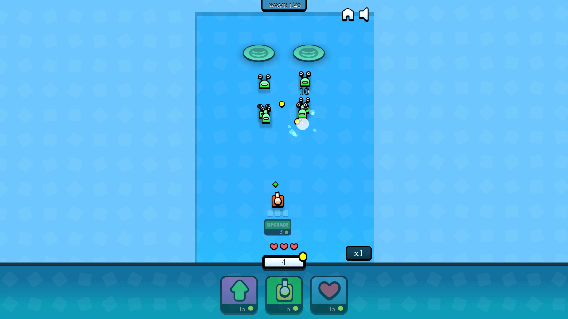 Pixel-style tower defense gameplay from Tiny Towers showing upgraded turrets battling waves of enemies2