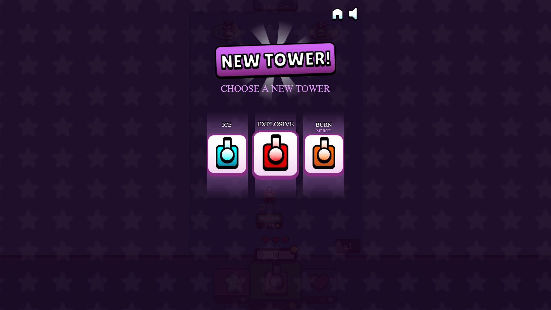 Pixel-style tower defense gameplay from Tiny Towers showing upgraded turrets battling waves of enemies1