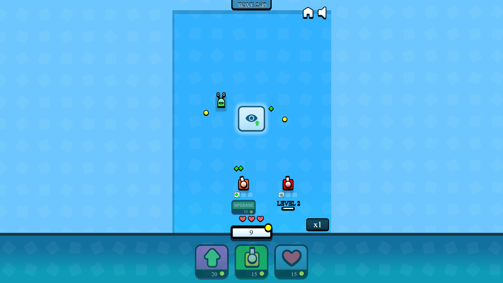 Pixel-style tower defense gameplay from Tiny Towers showing upgraded turrets battling waves of enemies