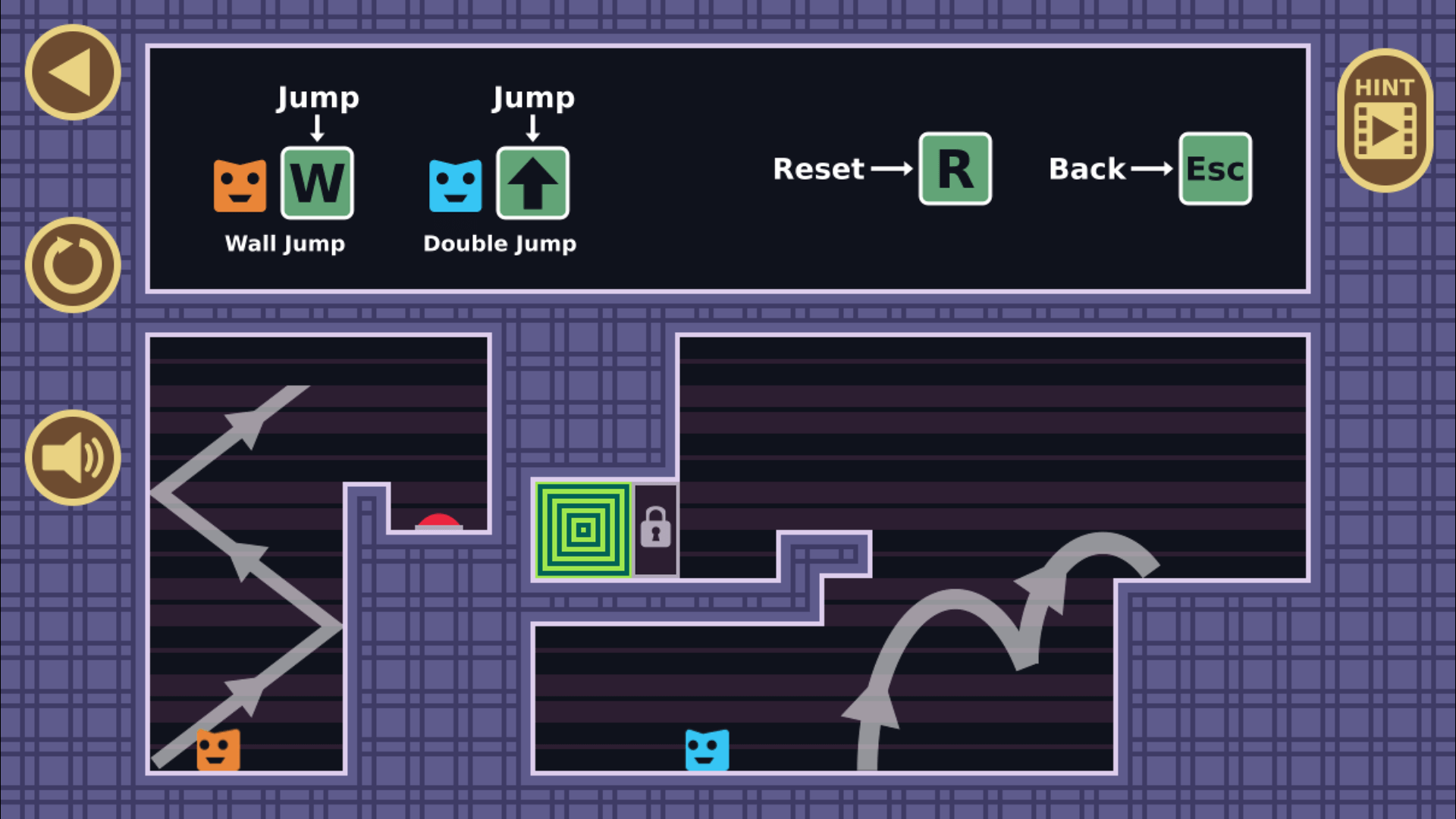Two Button Bounce game showing two characters bouncing between walls in a puzzle level3