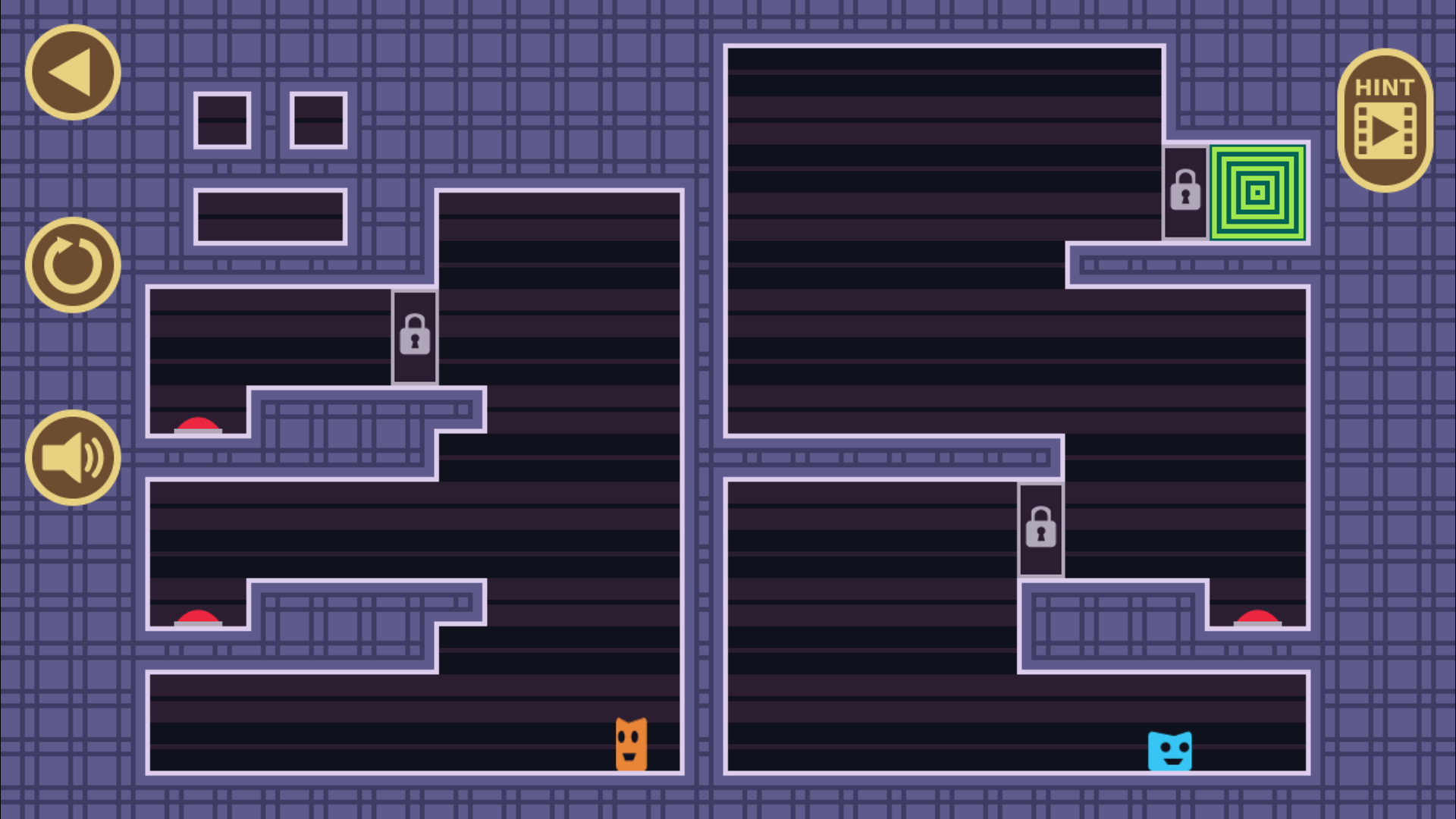 Two Button Bounce game showing two characters bouncing between walls in a puzzle level1