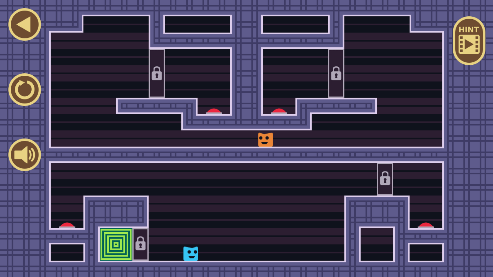 Two Button Bounce game showing two characters bouncing between walls in a puzzle level