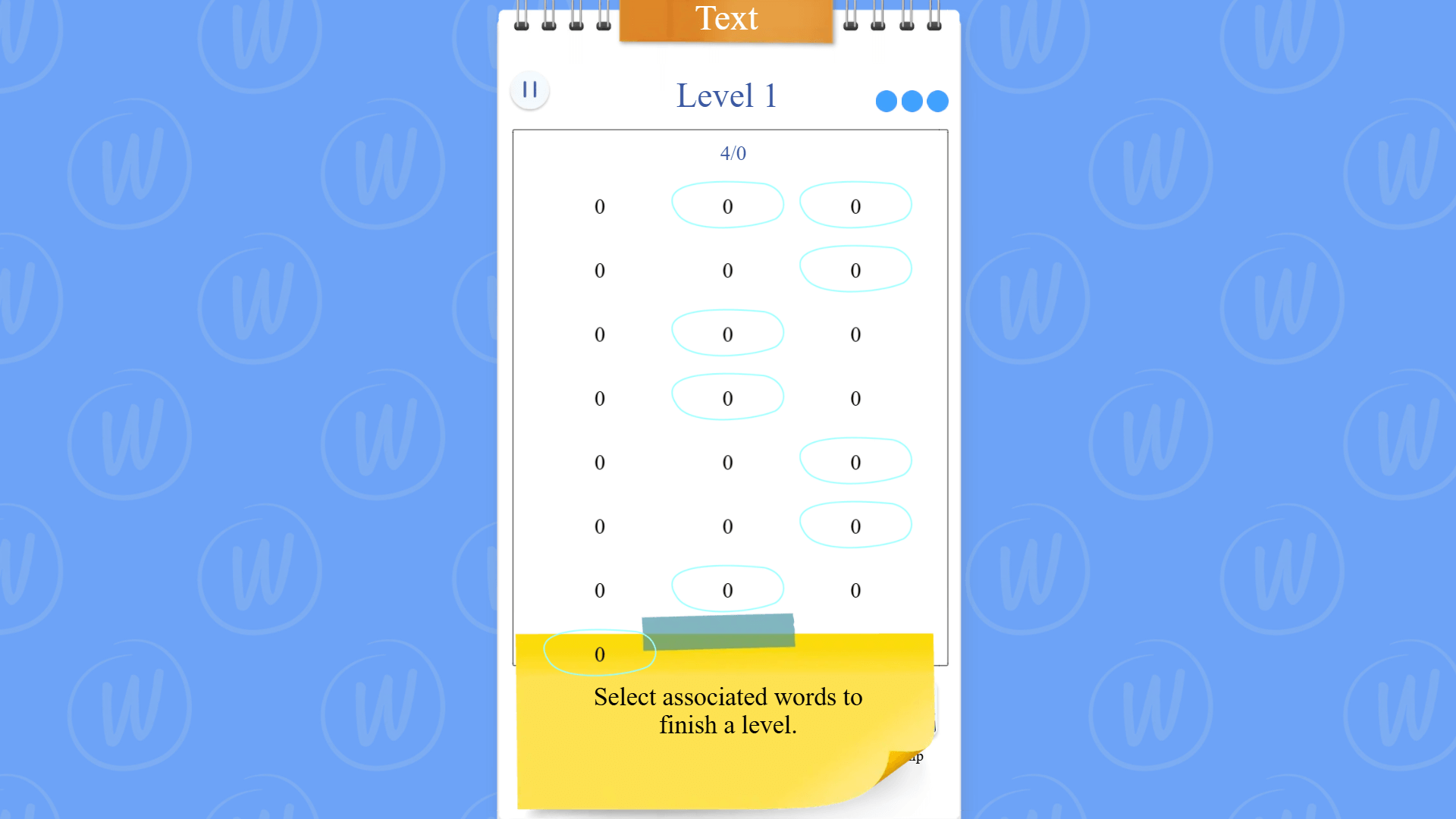 Screenshot of Word Match game showing colorful words and their matching definitions on the screen