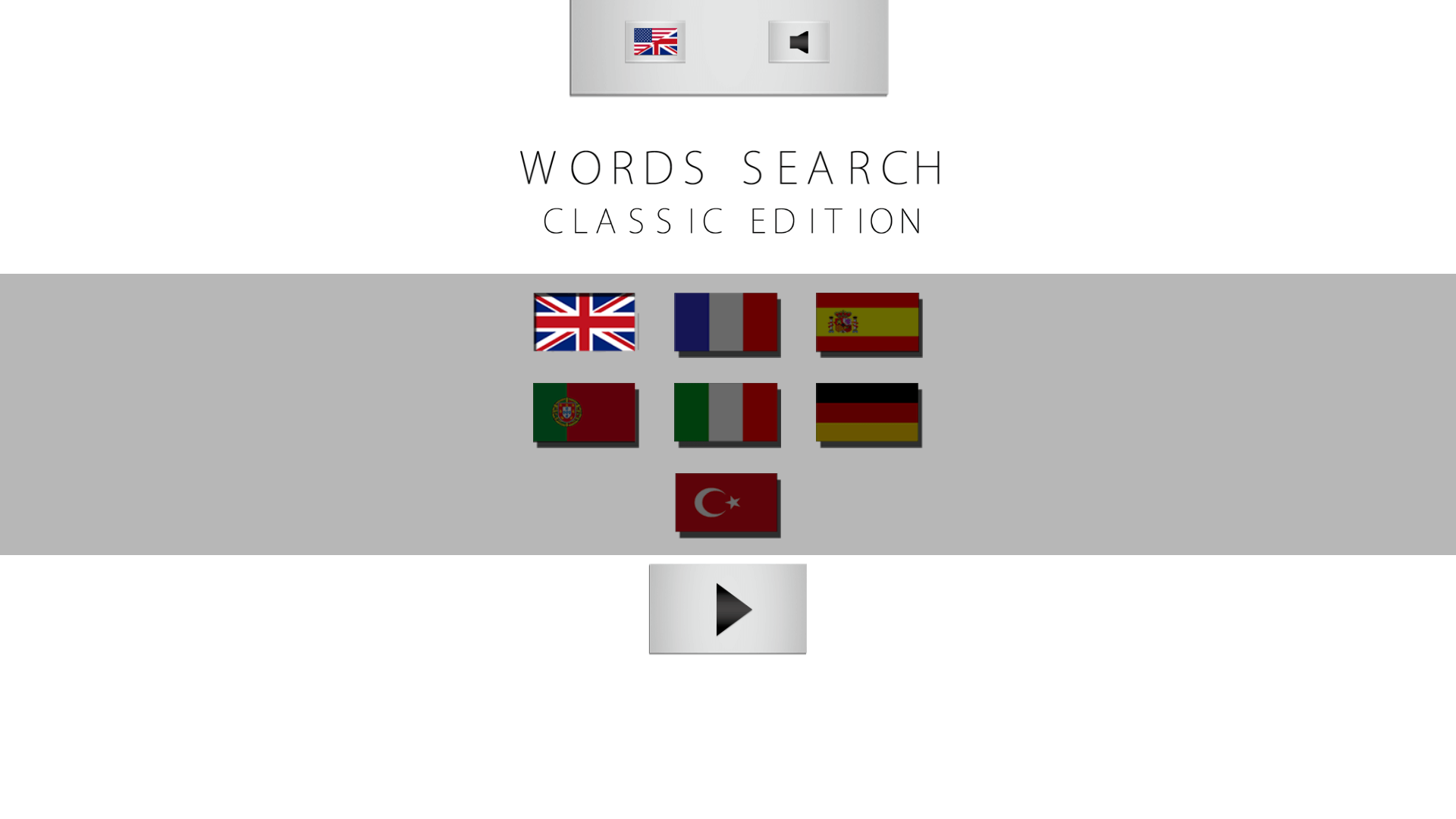 Words Search Classic Edition main menu with category selection and start button2