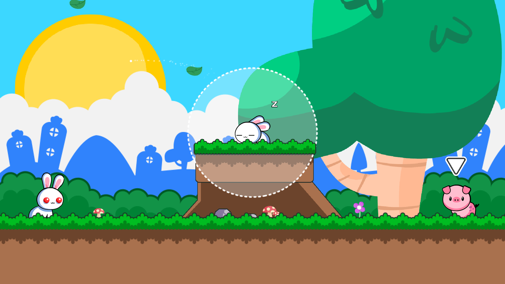 Gameplay of A Pretty Odd Bunny where the rabbit hides behind a bush to avoid being seen by other bunnies4