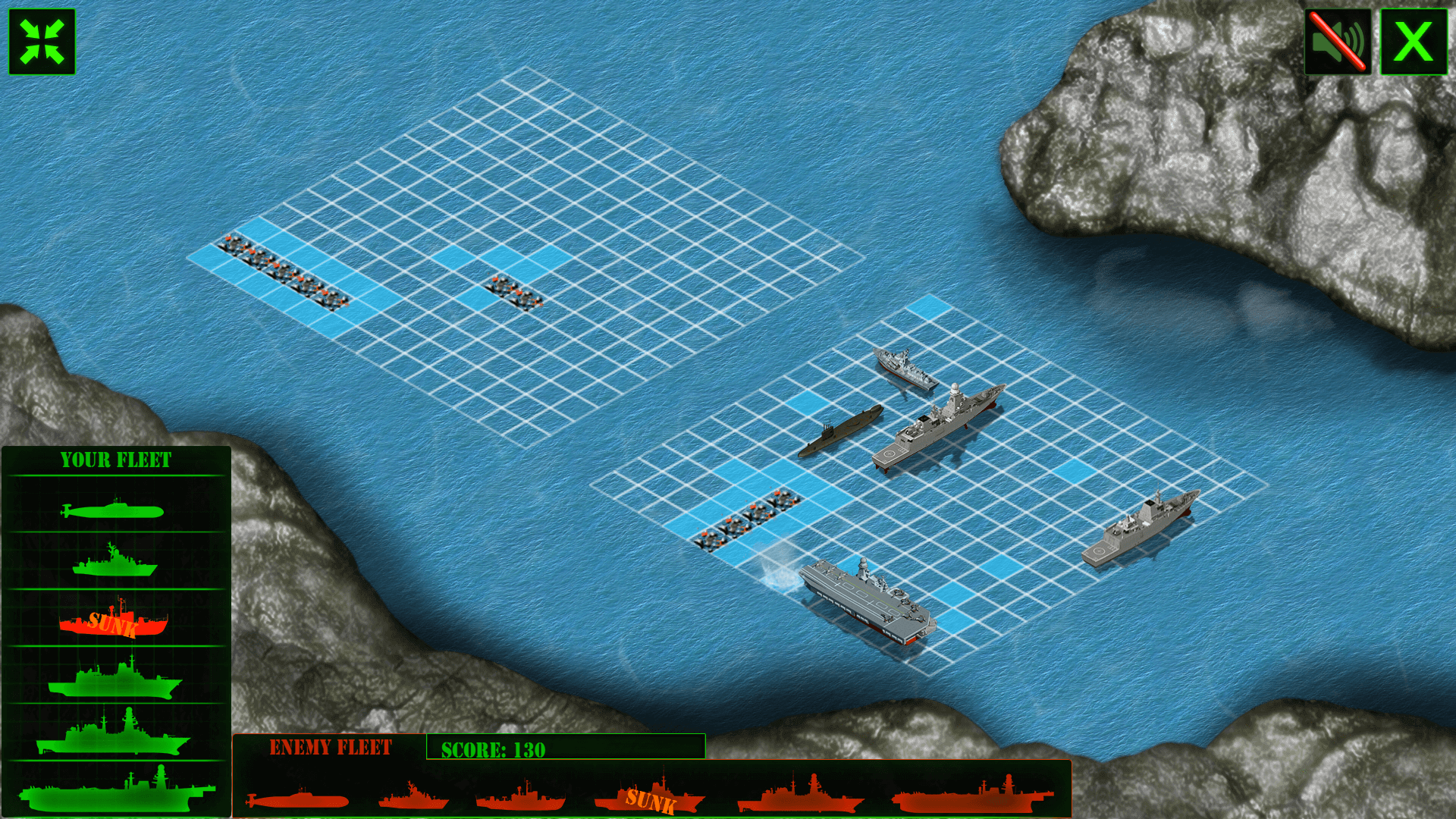 Battleship War game screen showing ships being placed on the grid before the naval battle starts1