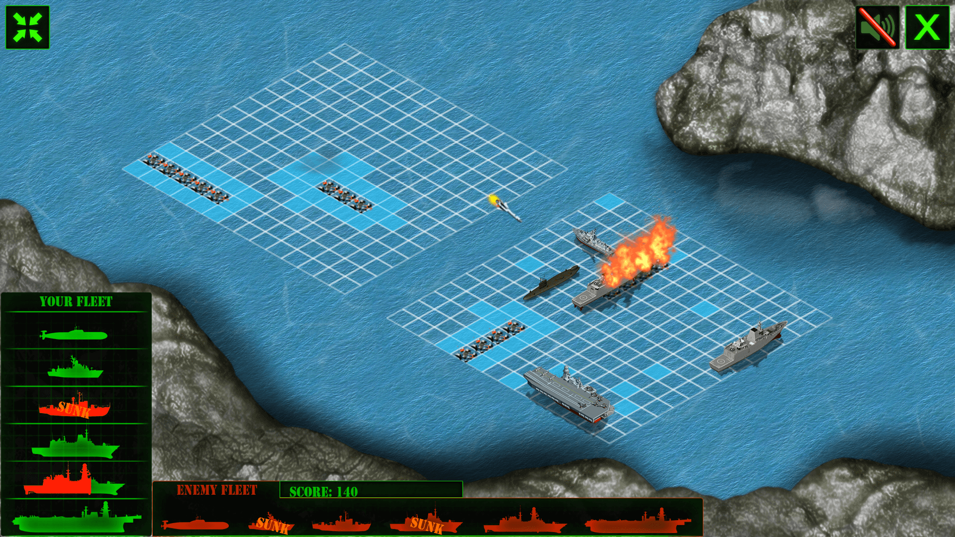 Battleship War game screen showing ships being placed on the grid before the naval battle starts