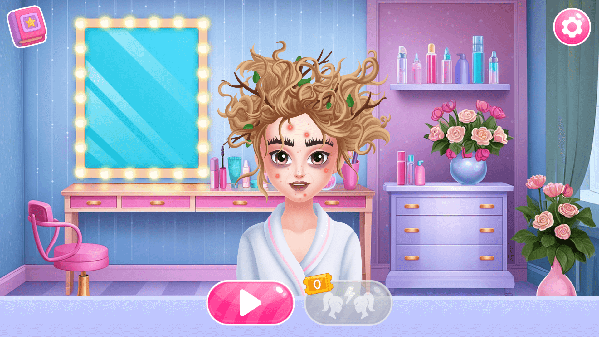 Player applying eyeshadow and lipstick to a client in the Beauty Salon game using makeup tools6