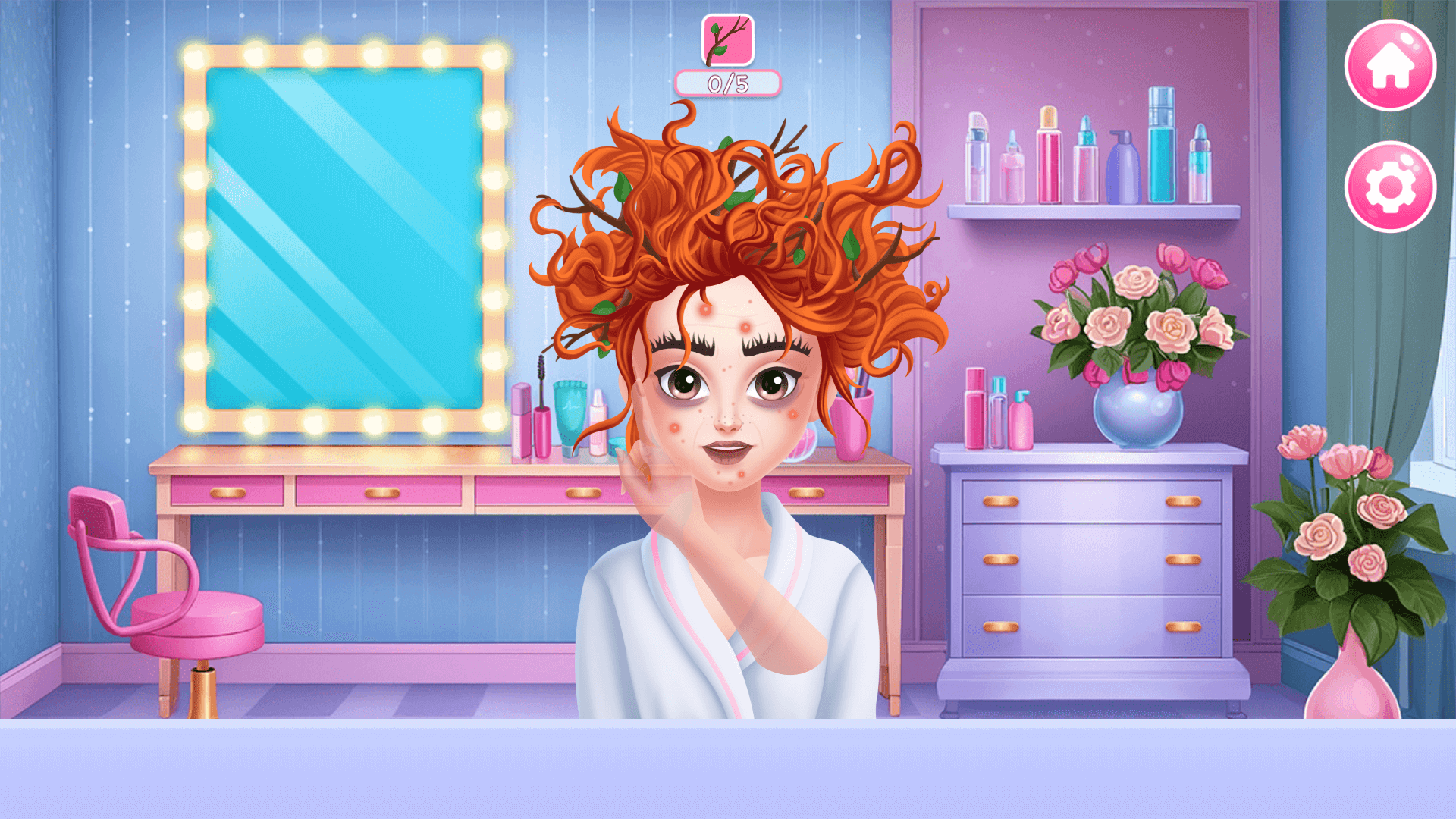 Player applying eyeshadow and lipstick to a client in the Beauty Salon game using makeup tools5