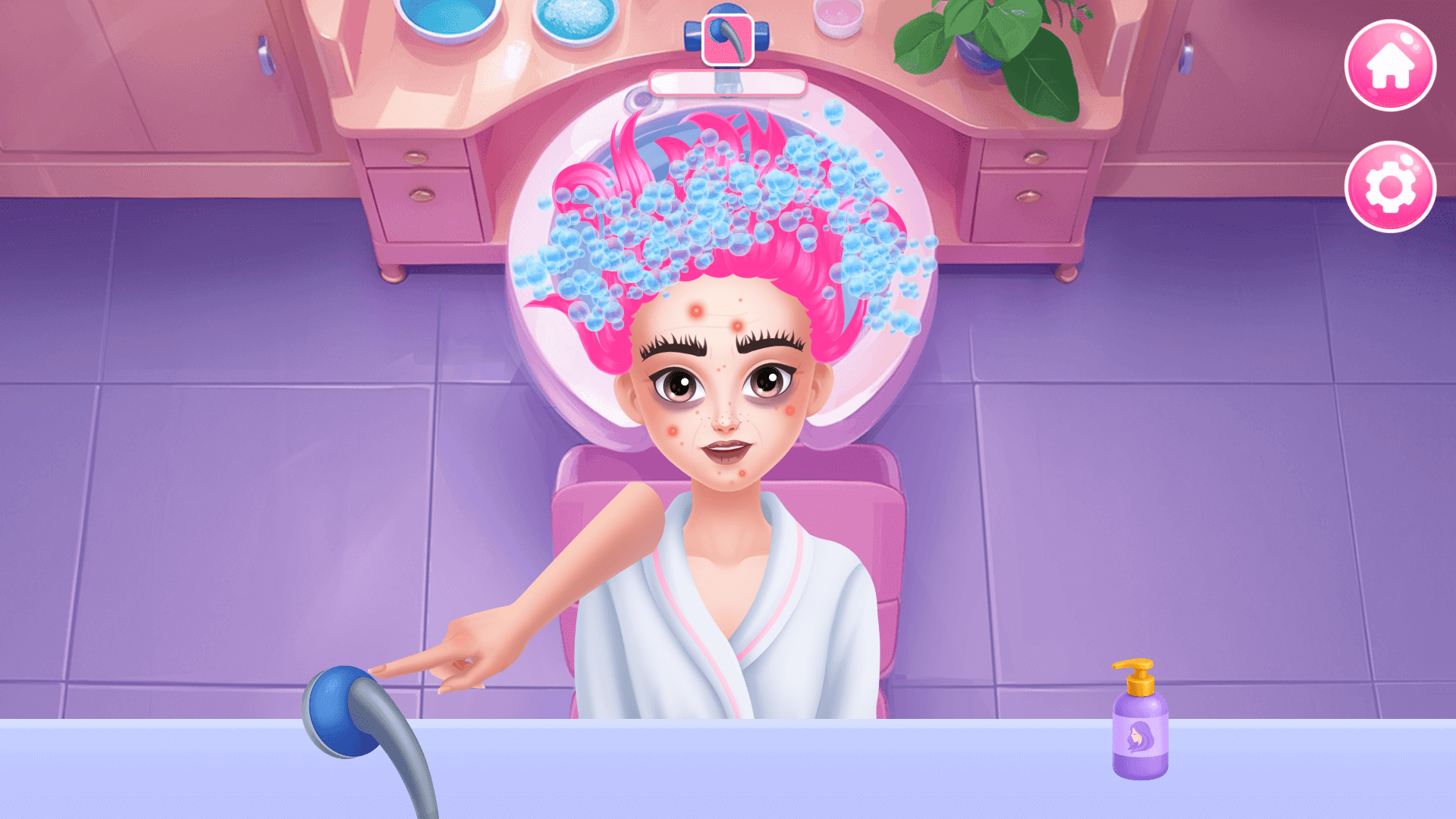 Player applying eyeshadow and lipstick to a client in the Beauty Salon game using makeup tools3
