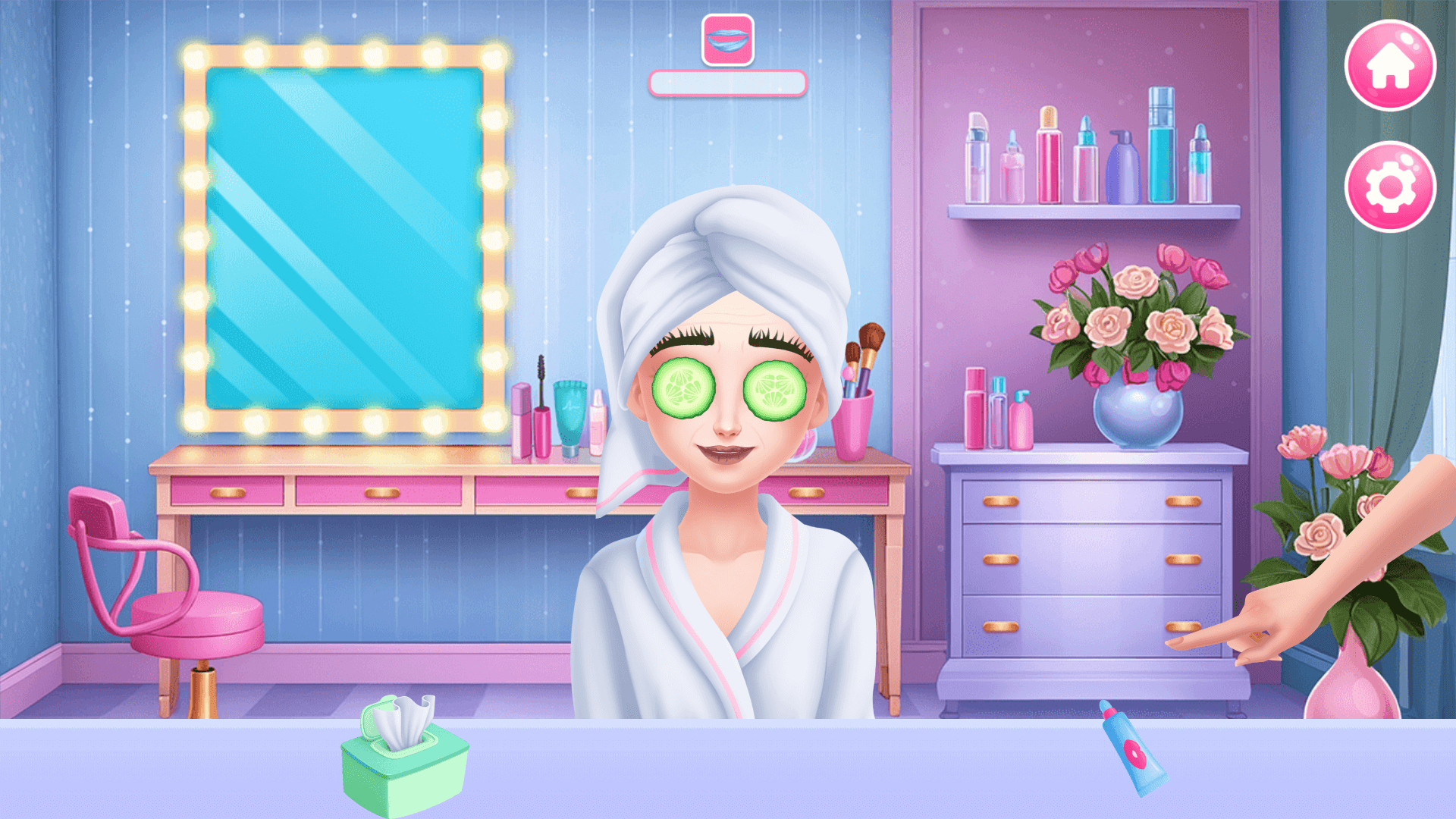 Player applying eyeshadow and lipstick to a client in the Beauty Salon game using makeup tools1