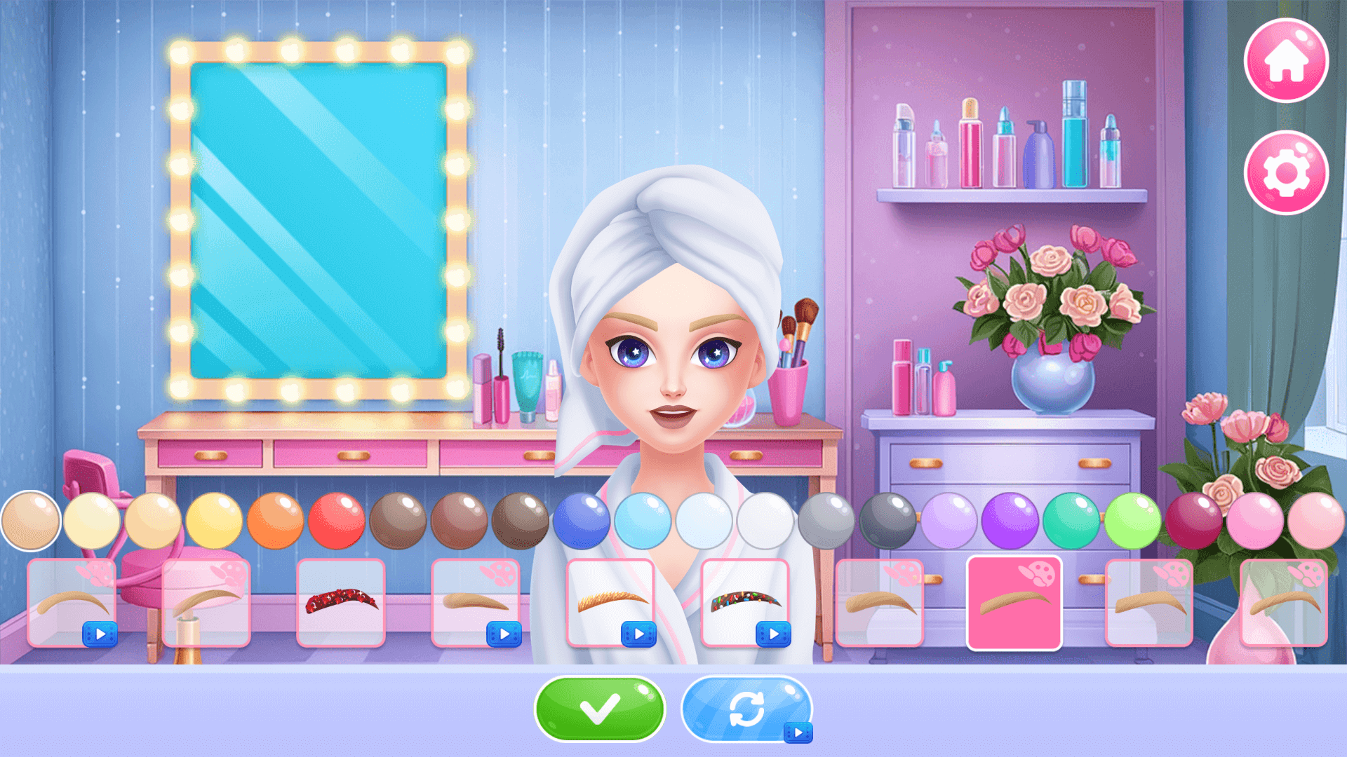 Player applying eyeshadow and lipstick to a client in the Beauty Salon game using makeup tools