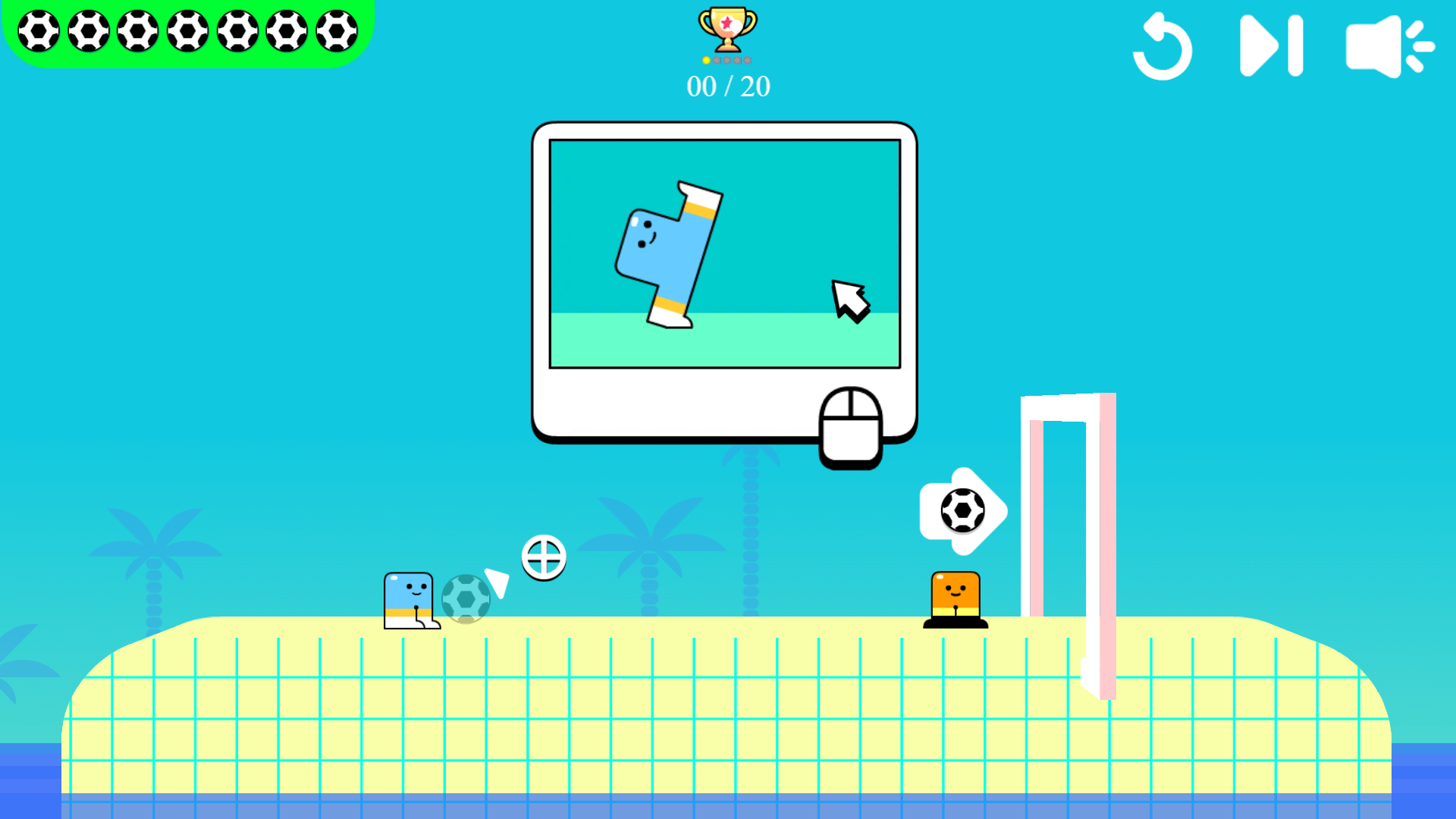 Blumgi Soccer gameplay with player aiming soccer ball at the goa5