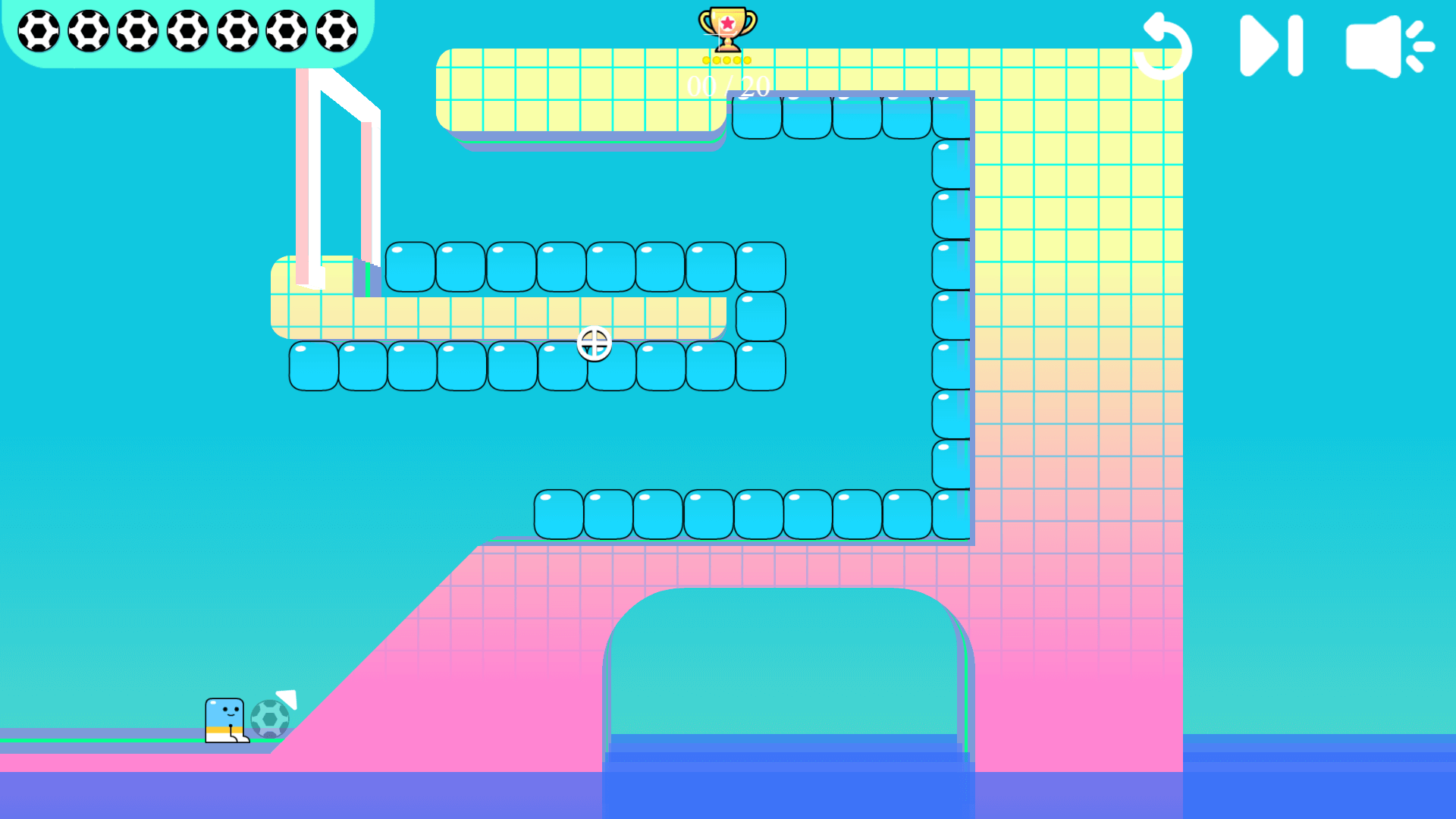 Blumgi Soccer gameplay with player aiming soccer ball at the goa1