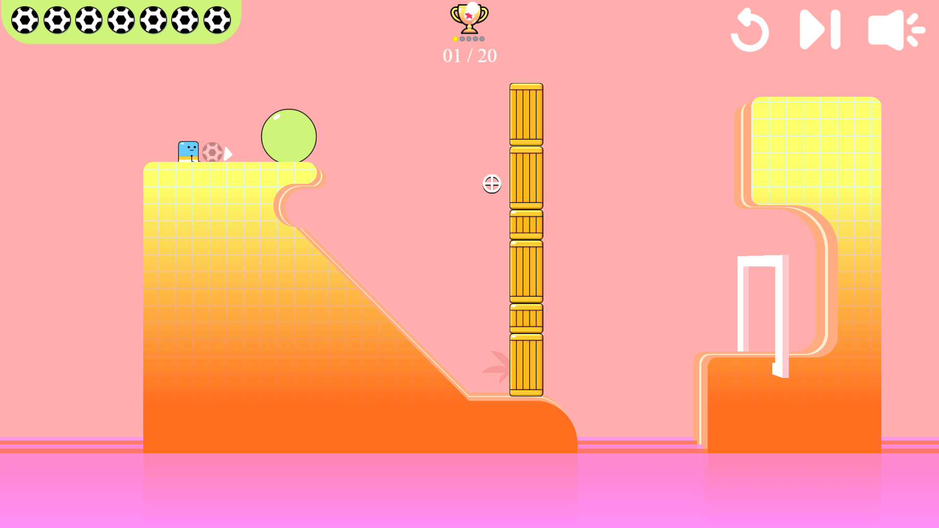 Blumgi Soccer gameplay with player aiming soccer ball at the goa