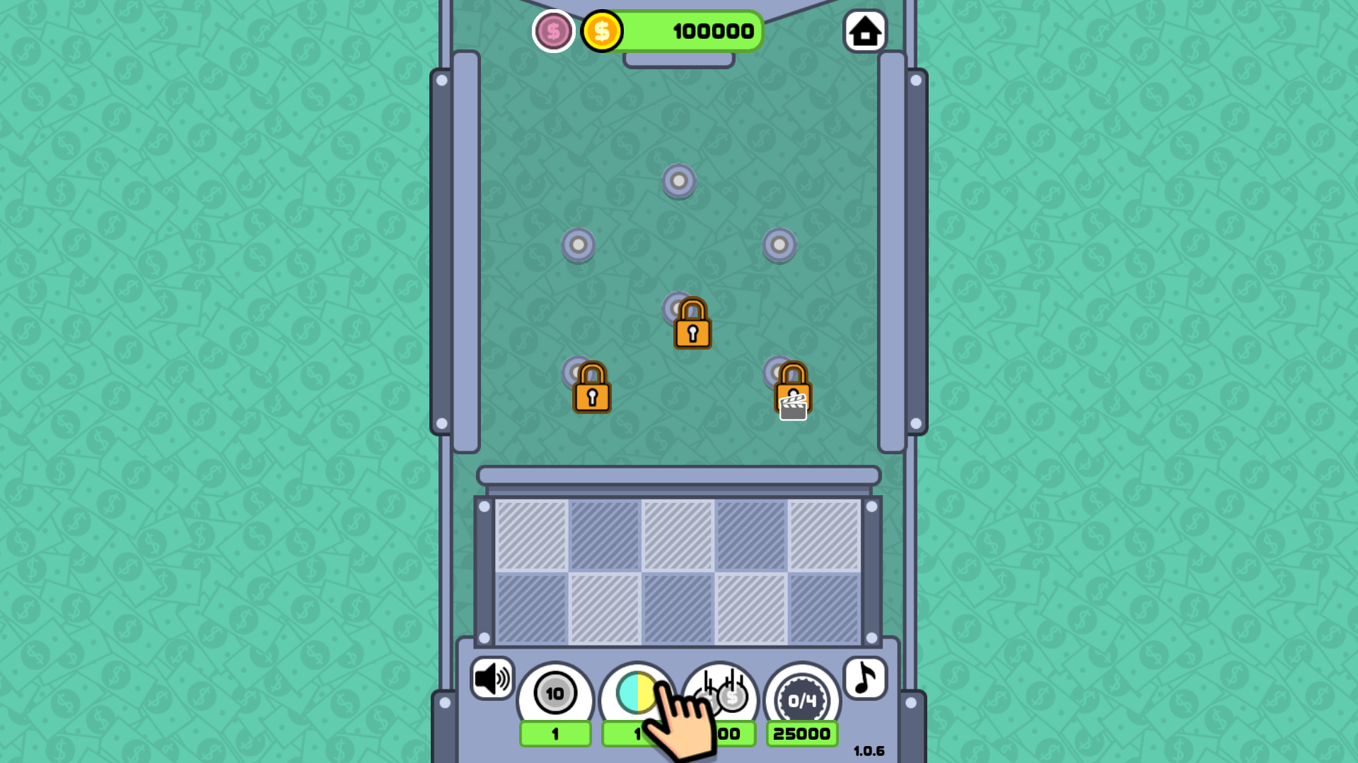 Coin Machine gameplay showing coins bouncing off power-up chips