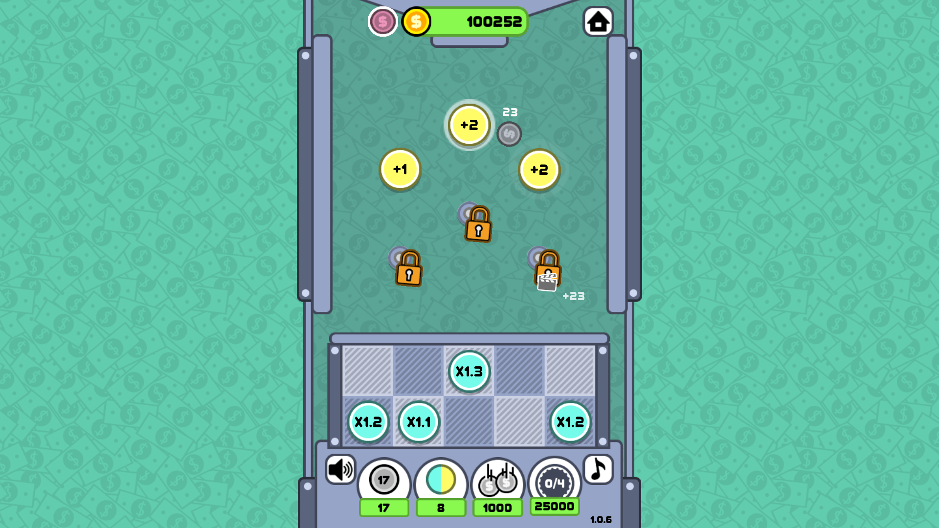 Coin Machine gameplay showing coins bouncing off power-up chips1
