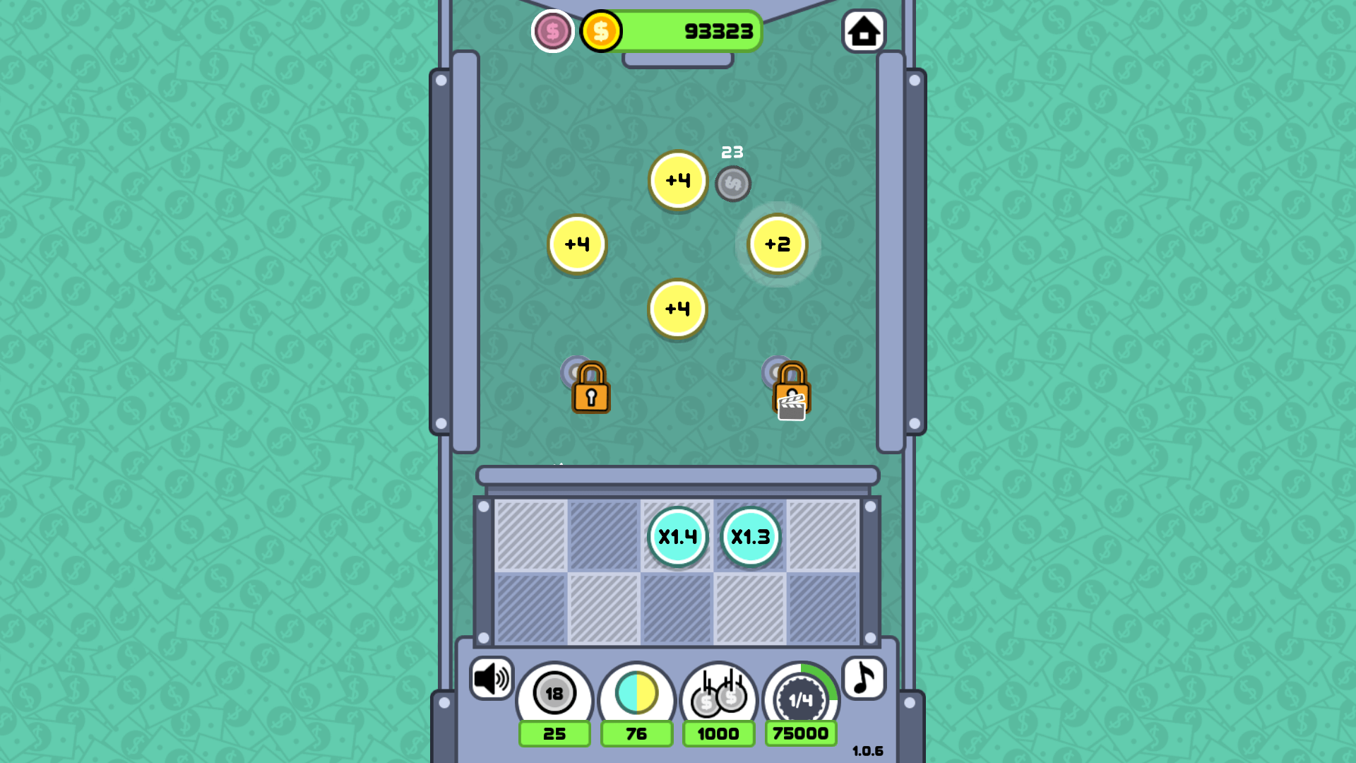Coin Machine gameplay showing coins bouncing off power-up chips2