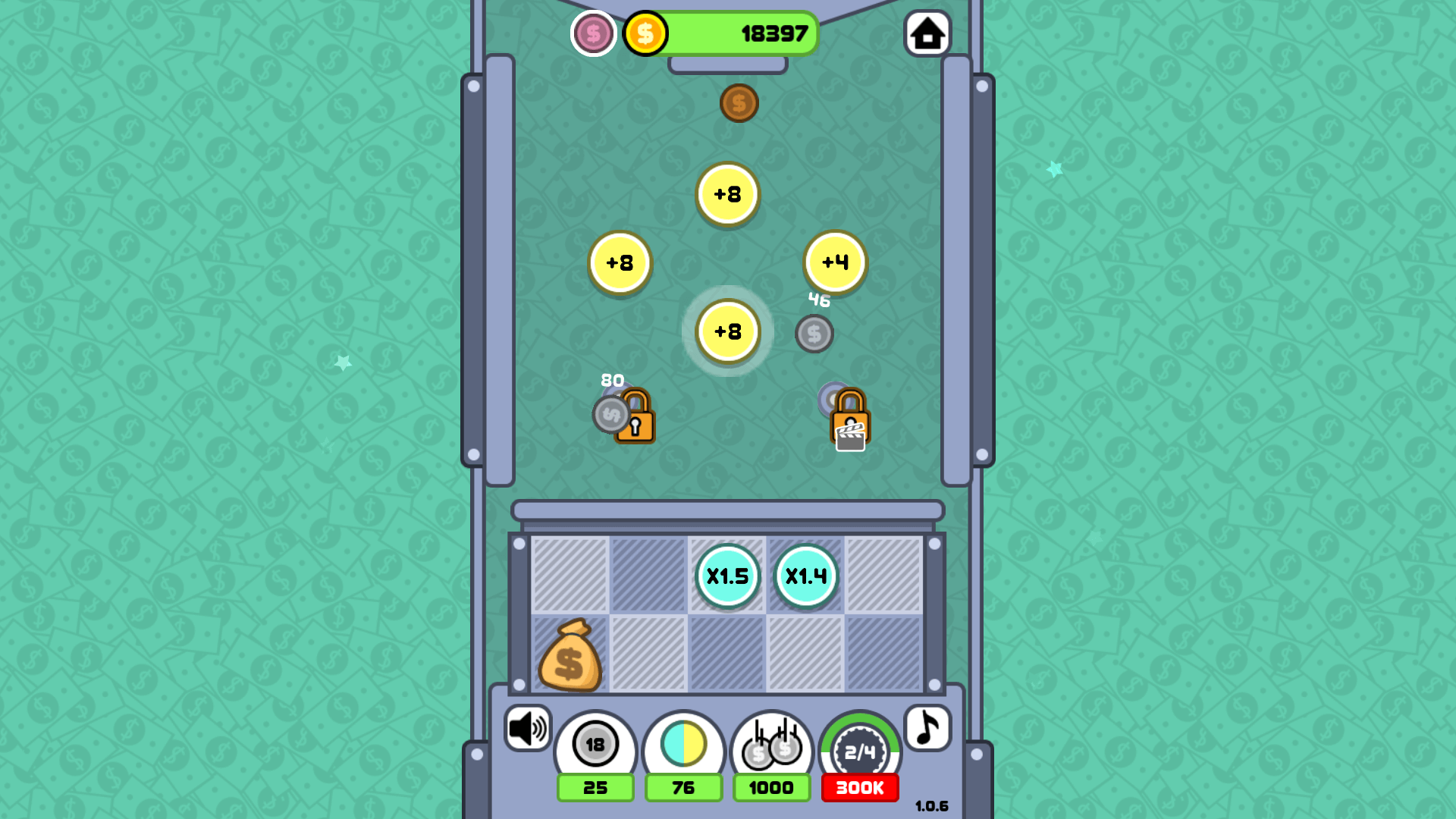 Coin Machine gameplay showing coins bouncing off power-up chips3