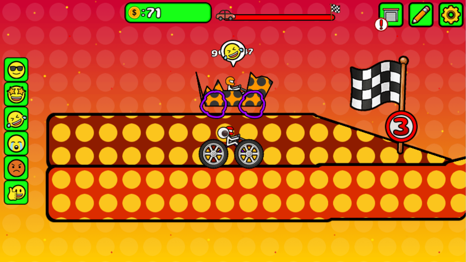 Doodle Race car with unique wheels and stickers racing through forest level1