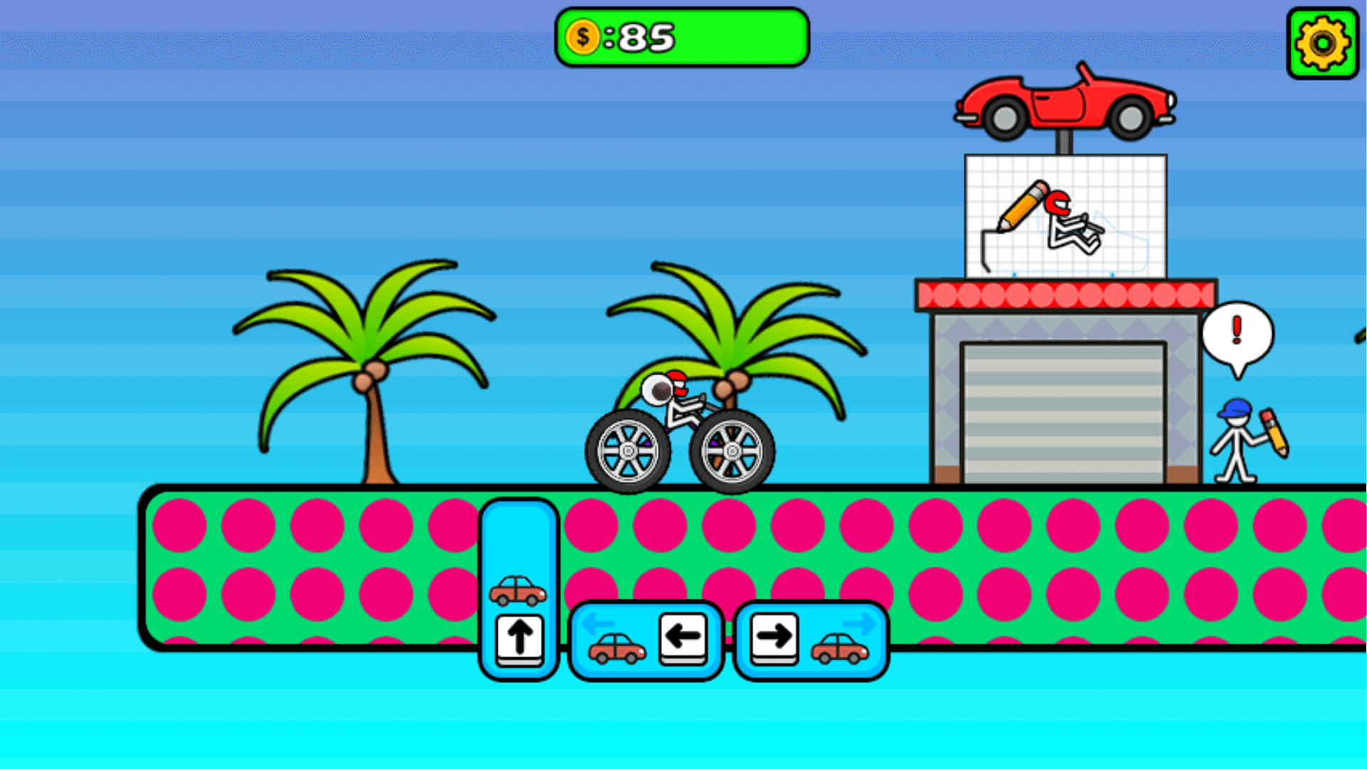 Doodle Race car with unique wheels and stickers racing through forest level