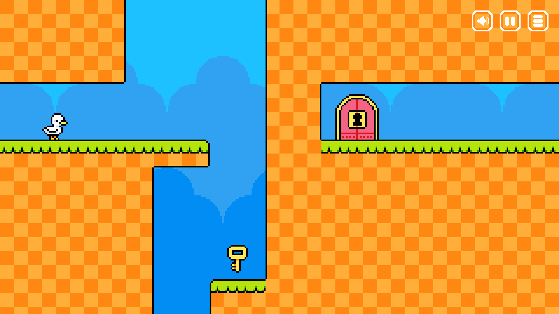 Duck Shift retro platform puzzle game with pixel art duck collecting a key to unlock the exit door2