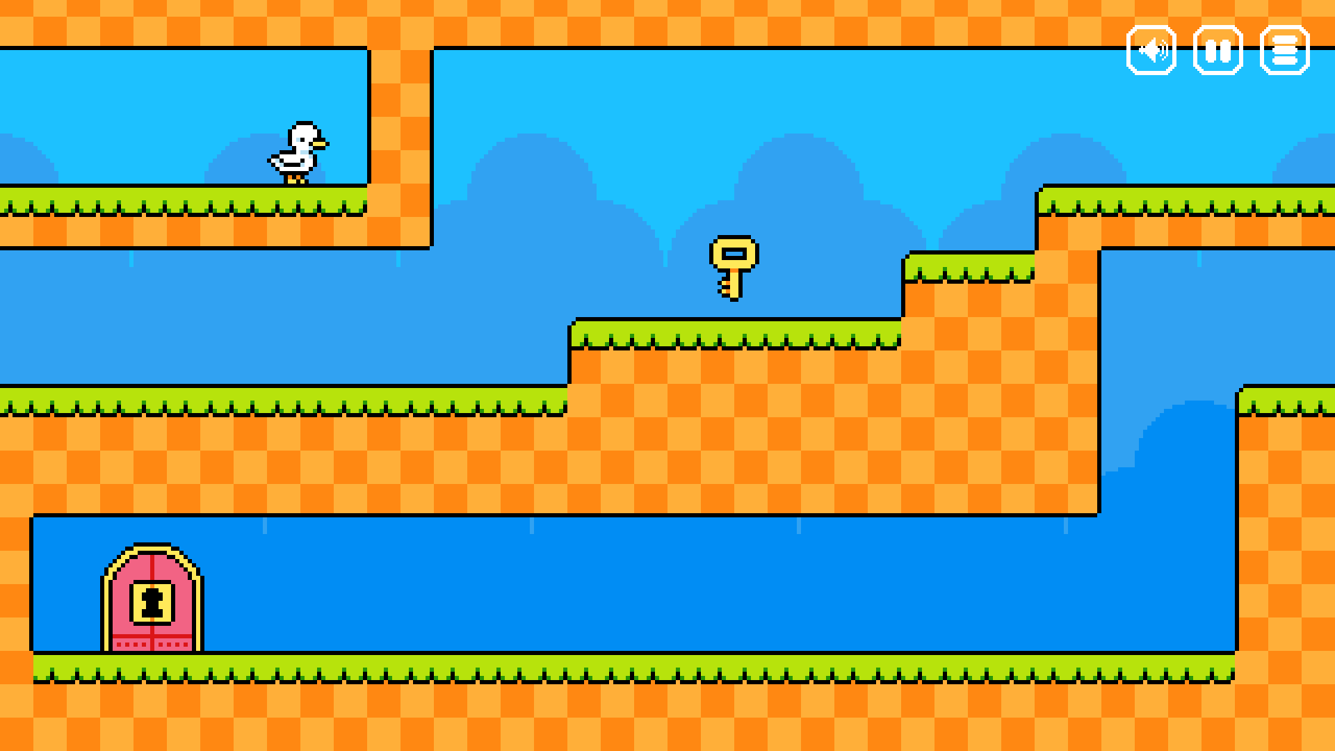 Duck Shift retro platform puzzle game with pixel art duck collecting a key to unlock the exit door1