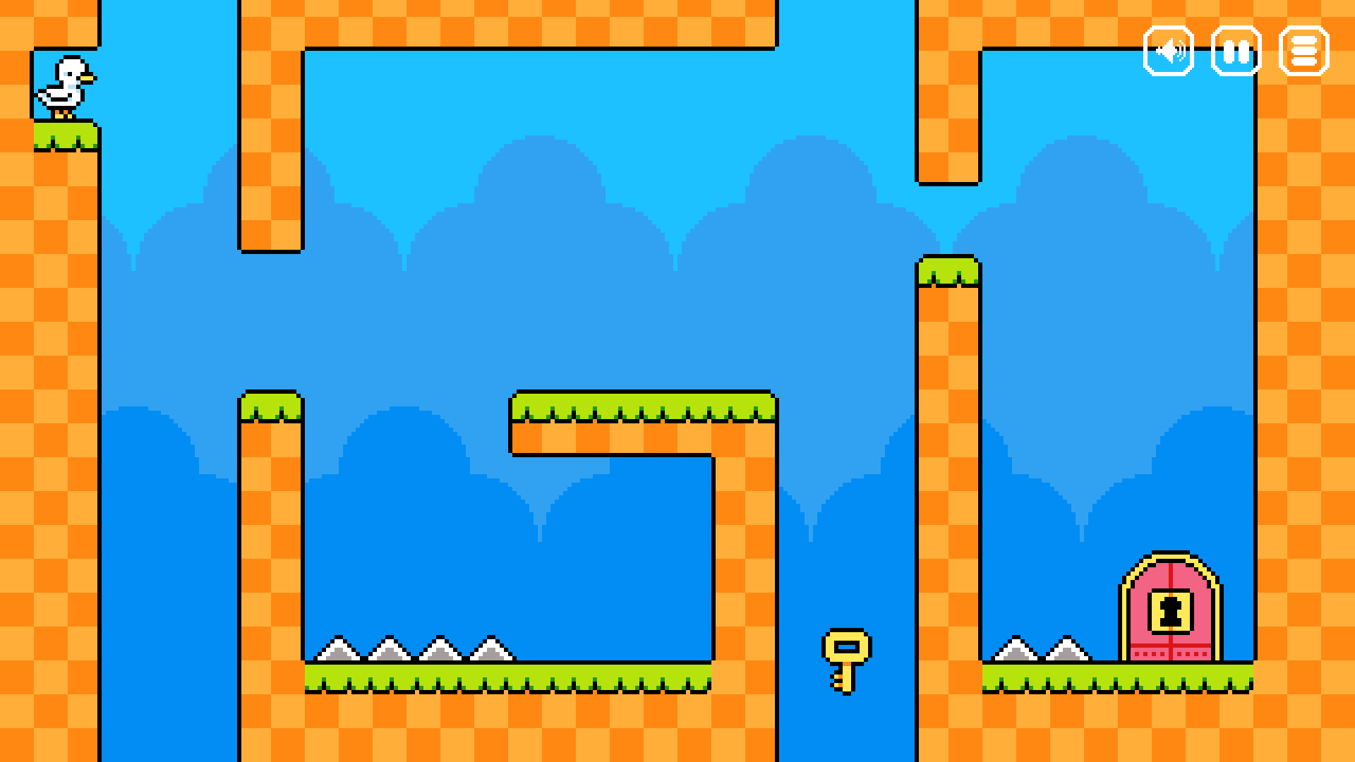 Duck Shift retro platform puzzle game with pixel art duck collecting a key to unlock the exit door