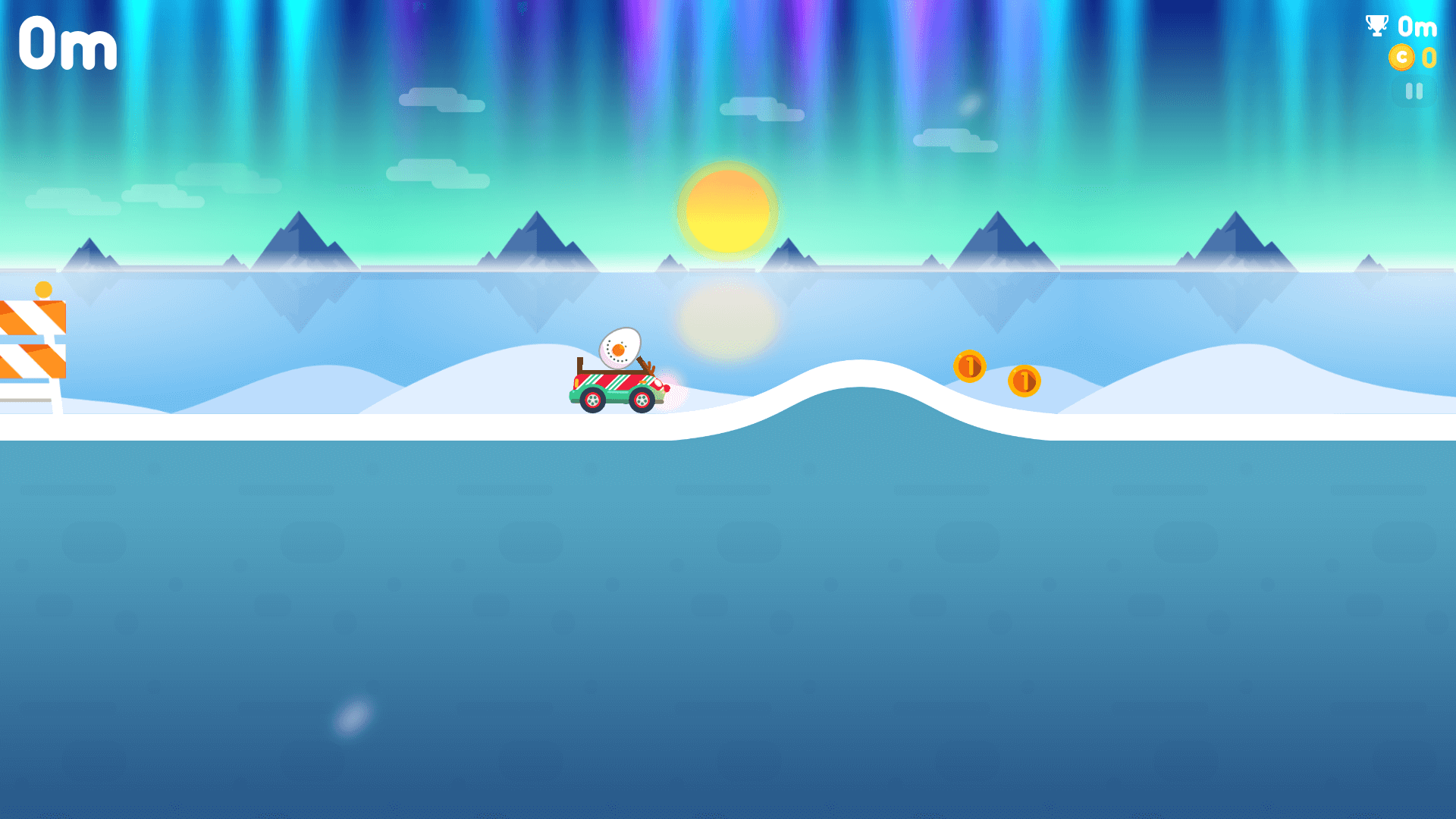 Egg Race car driving carefully with an egg on top through snowy mountain roads and icy ramps2