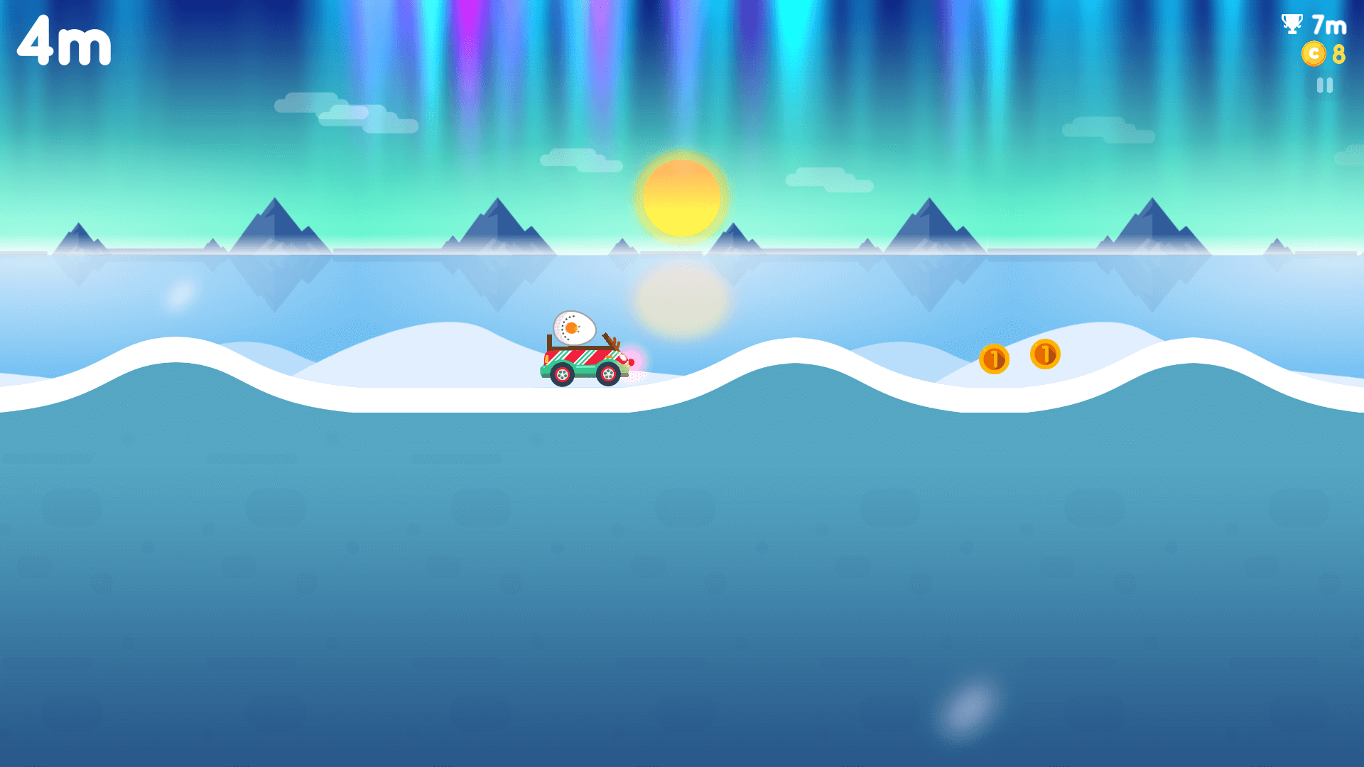 Egg Race car driving carefully with an egg on top through snowy mountain roads and icy ramps